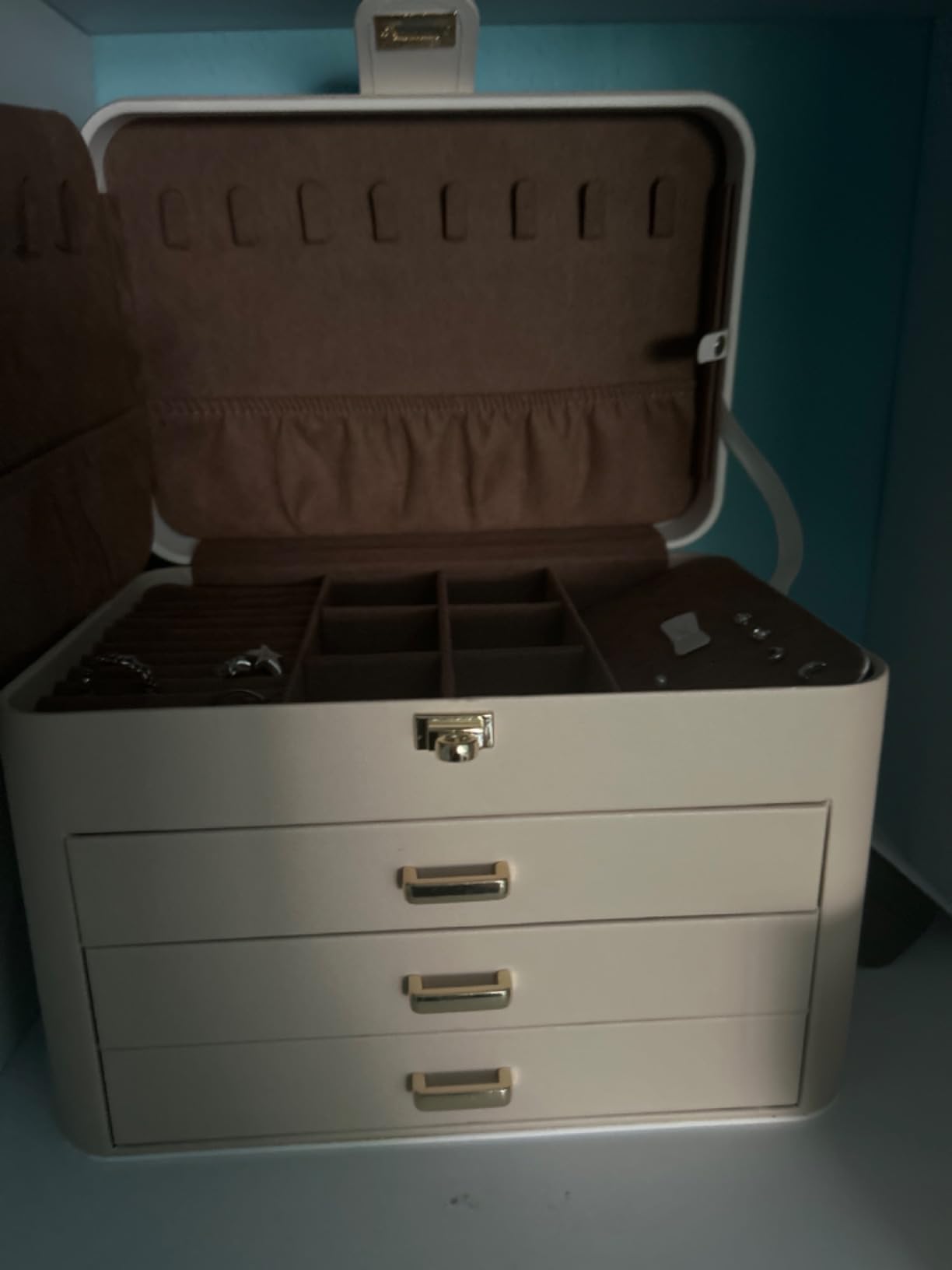 KAMIER Large Jewelry Boxes Schmuckkästchen Beige 4 Ebenen mit Spiegel