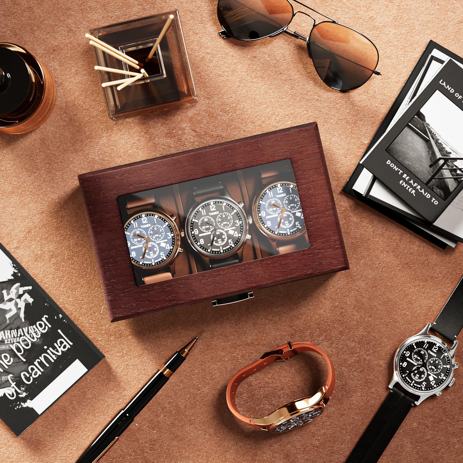Lolalet Watch Box Uhrenbox Holz Espresso 6 Fächer Glas