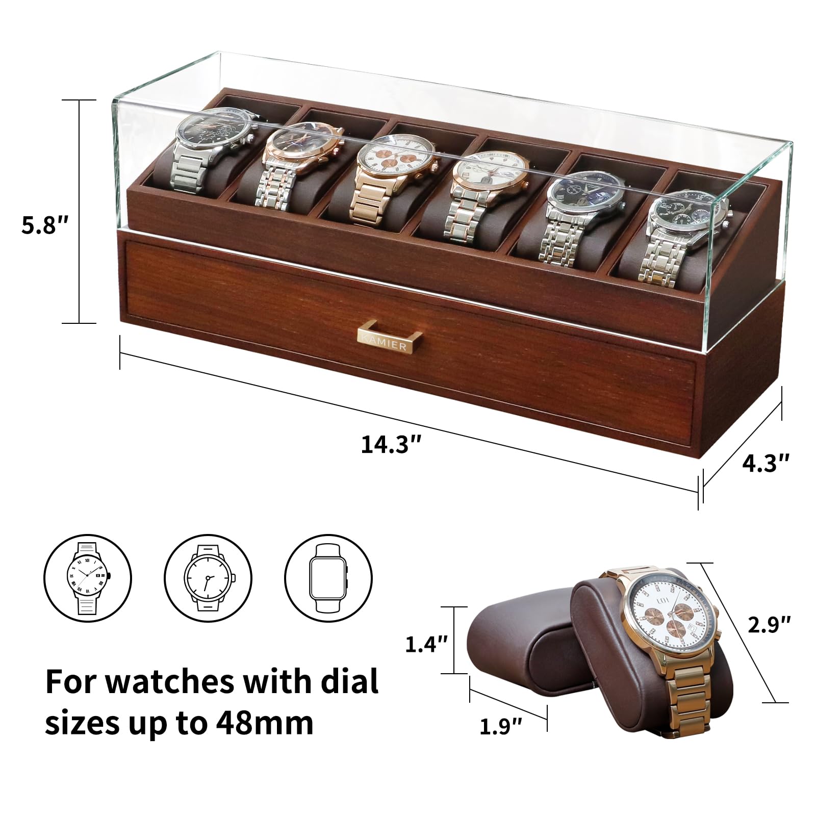 KAMIER Watch Boxes Uhrenbox Holz 6 Uhren mit Schublade Walnuss