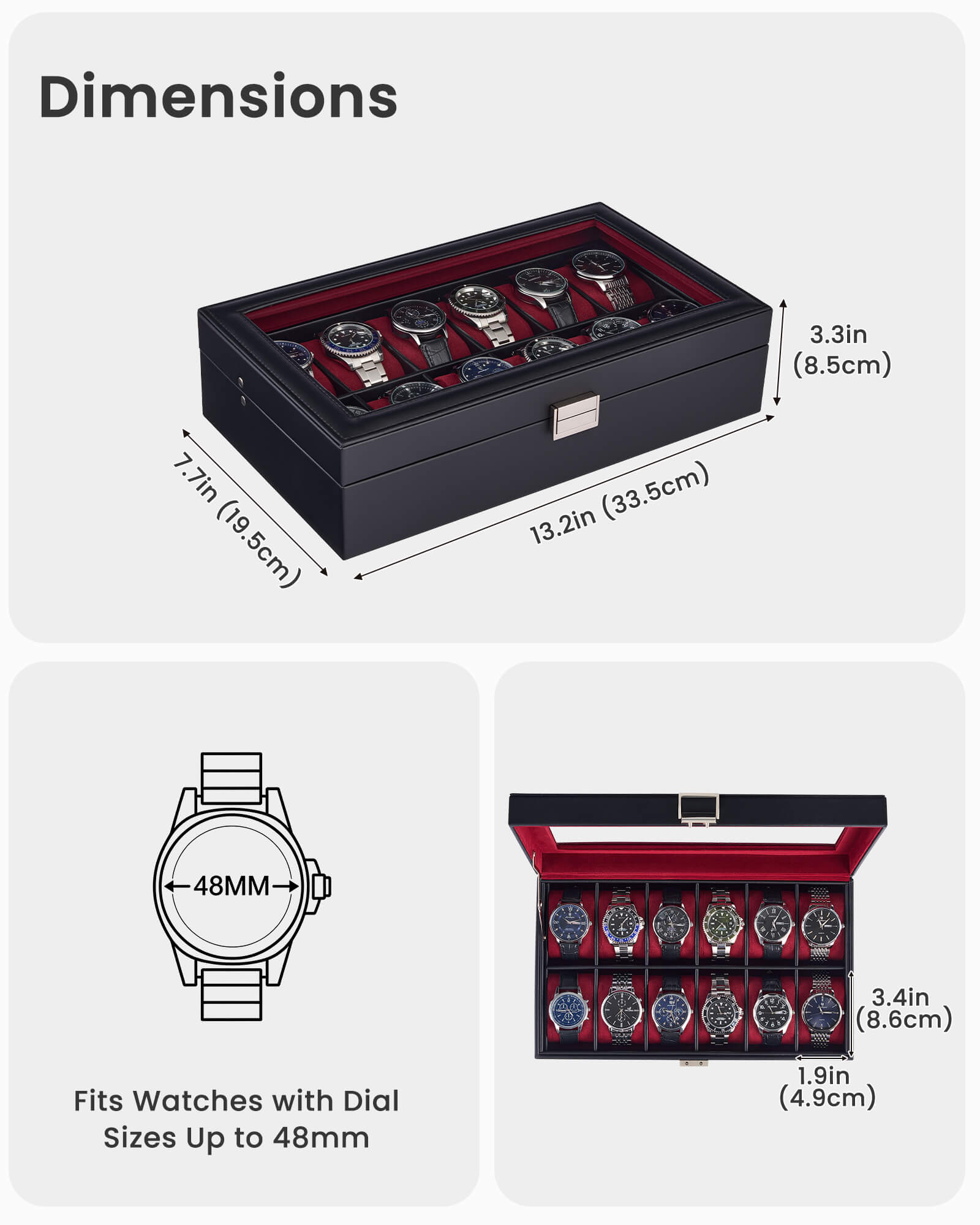 Lolalet Watch Box Uhrenbox 12 Fächer Schwarz 1-lagig Glas