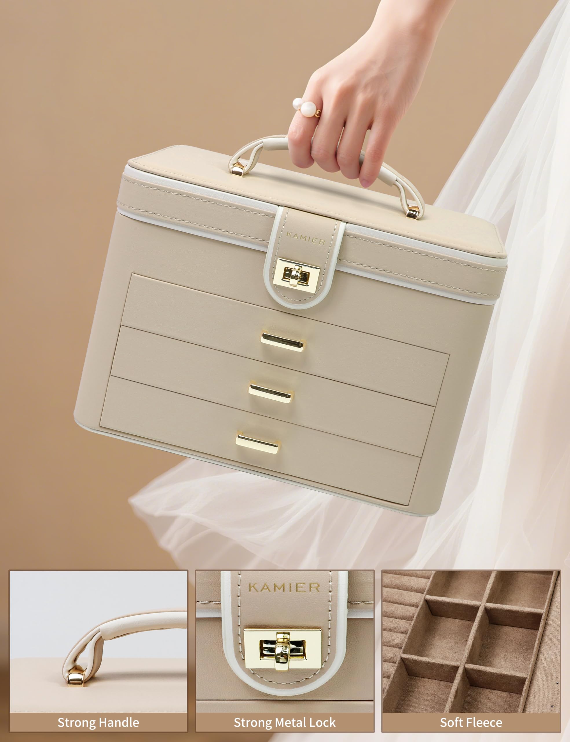 KAMIER Large Jewelry Boxes Schmuckkästchen Beige 4 Ebenen mit Spiegel