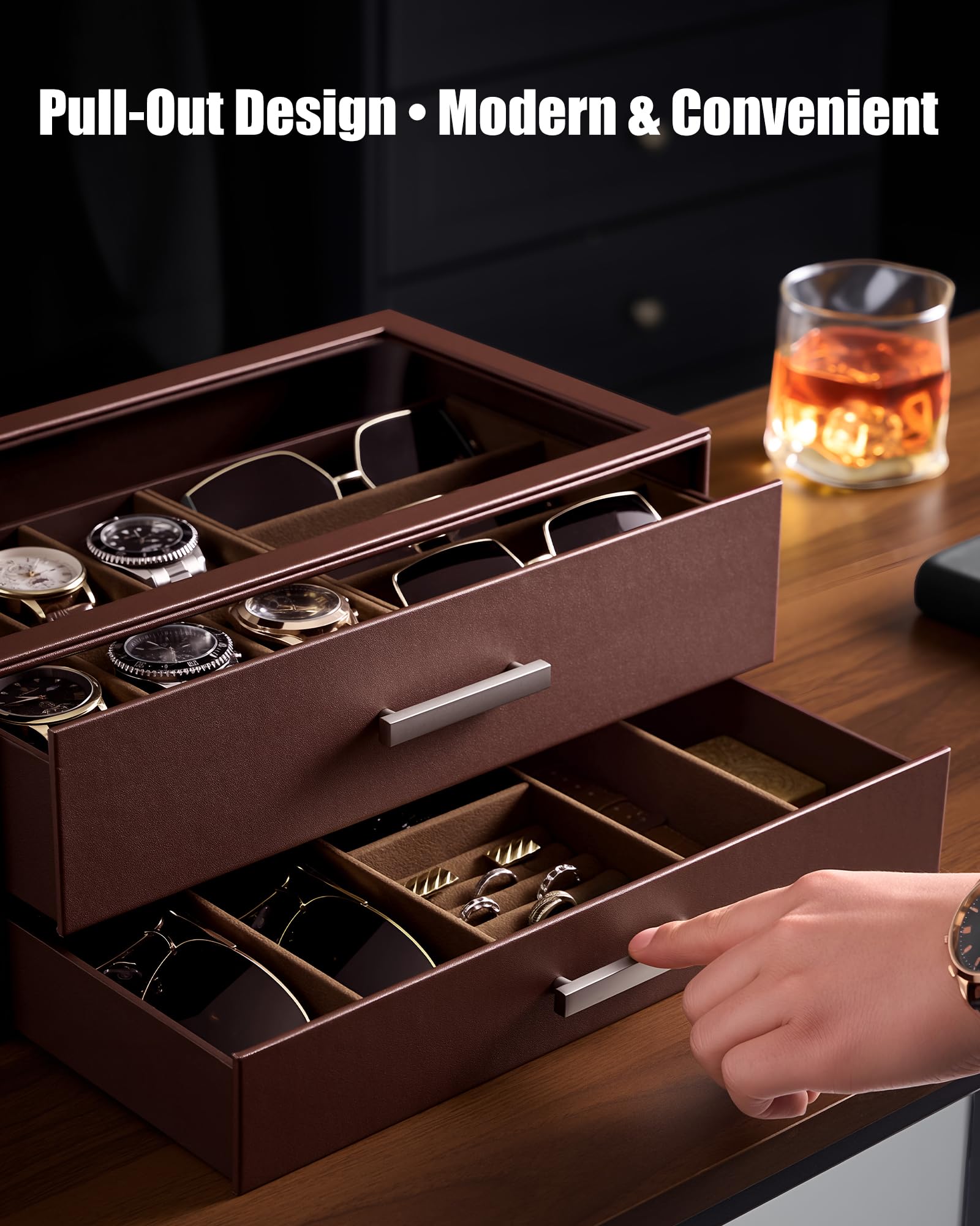 Lolalet Watch Box Uhrenbox Braun 2-stufig Glasdeckel 6 Uhren
