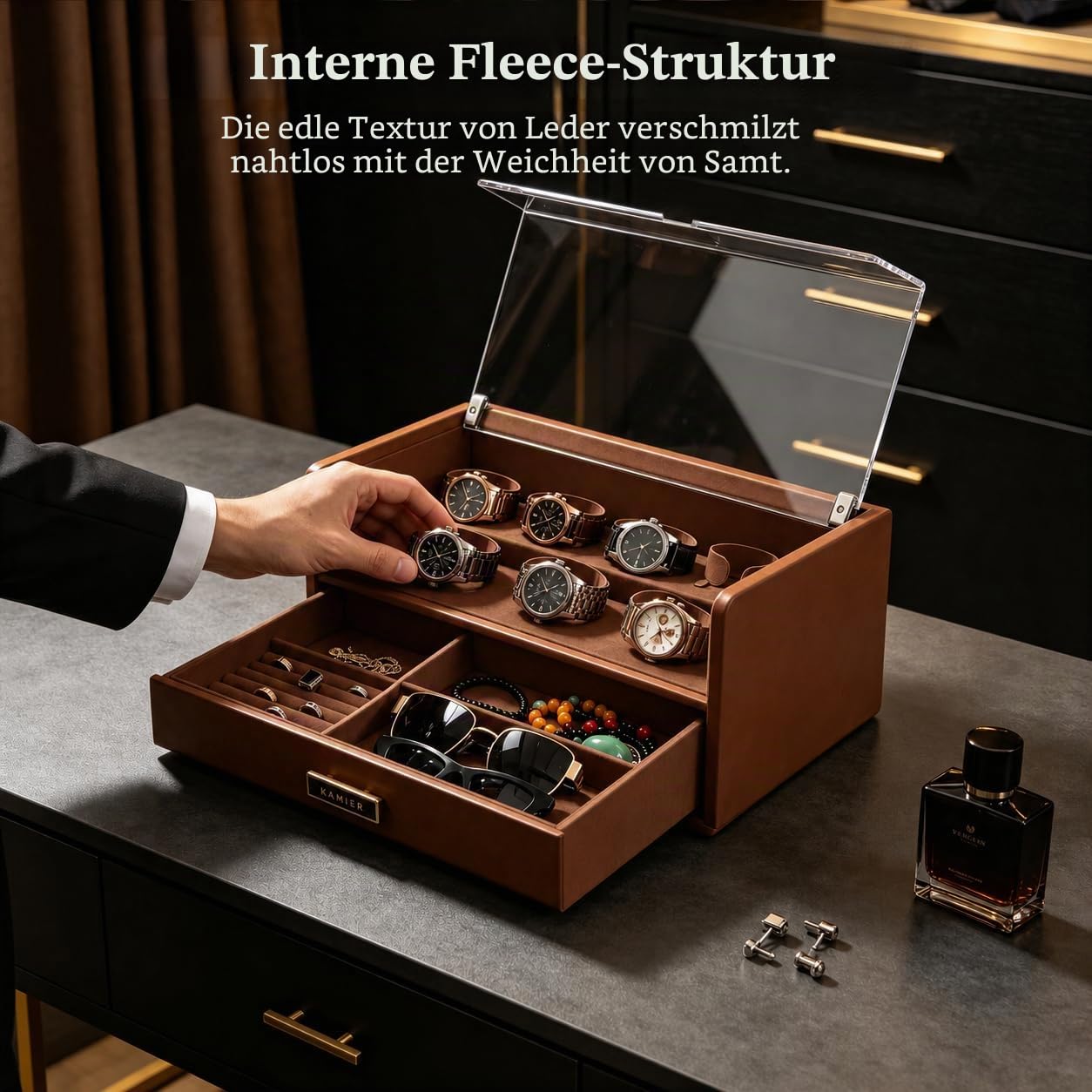 KAMIER Watch Boxes Uhrenbox Braun 7 Fächer Glasdeckel