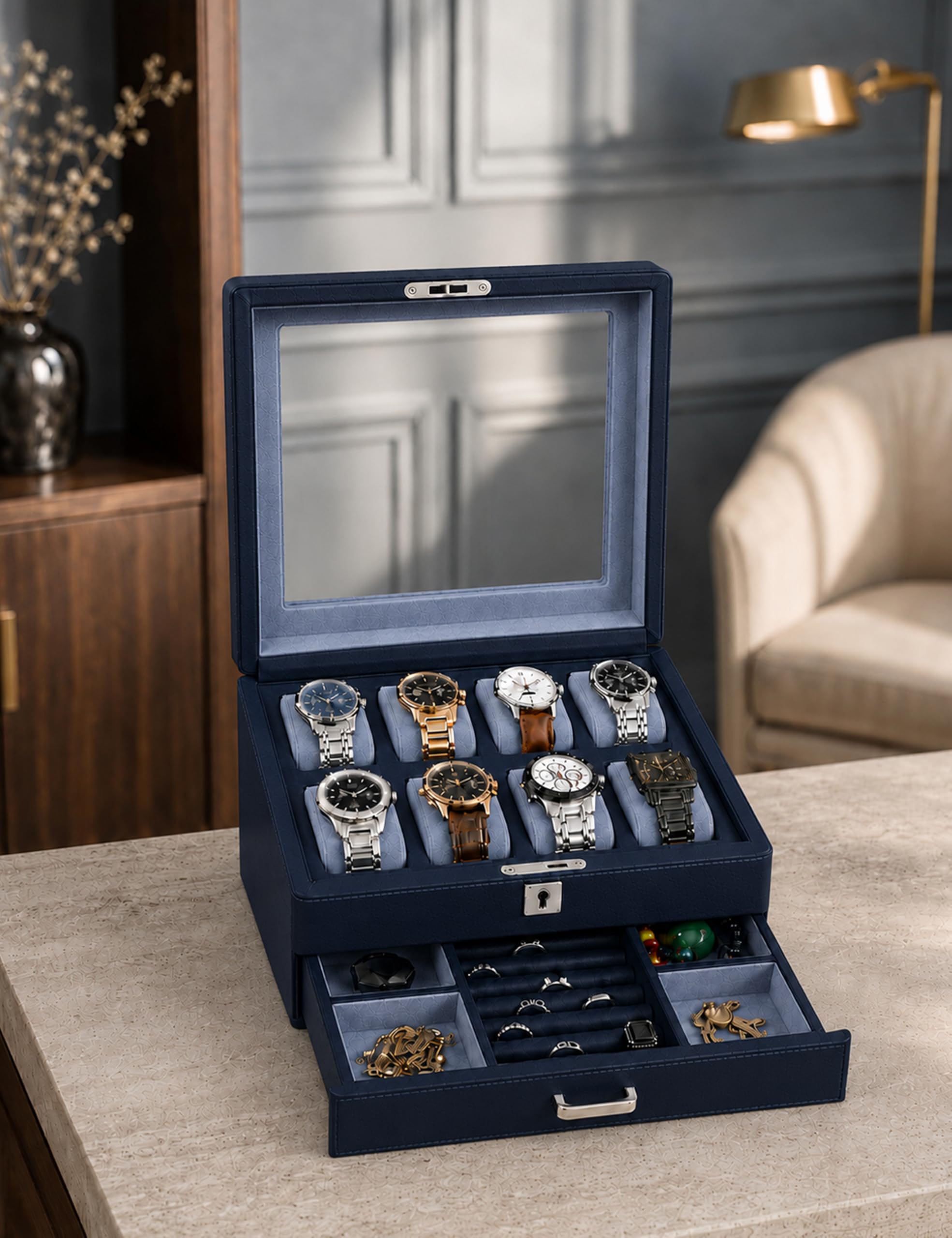 KAMIER Watch Boxes Uhrenbox 8 Uhren Blau 2 Ebenen Samt