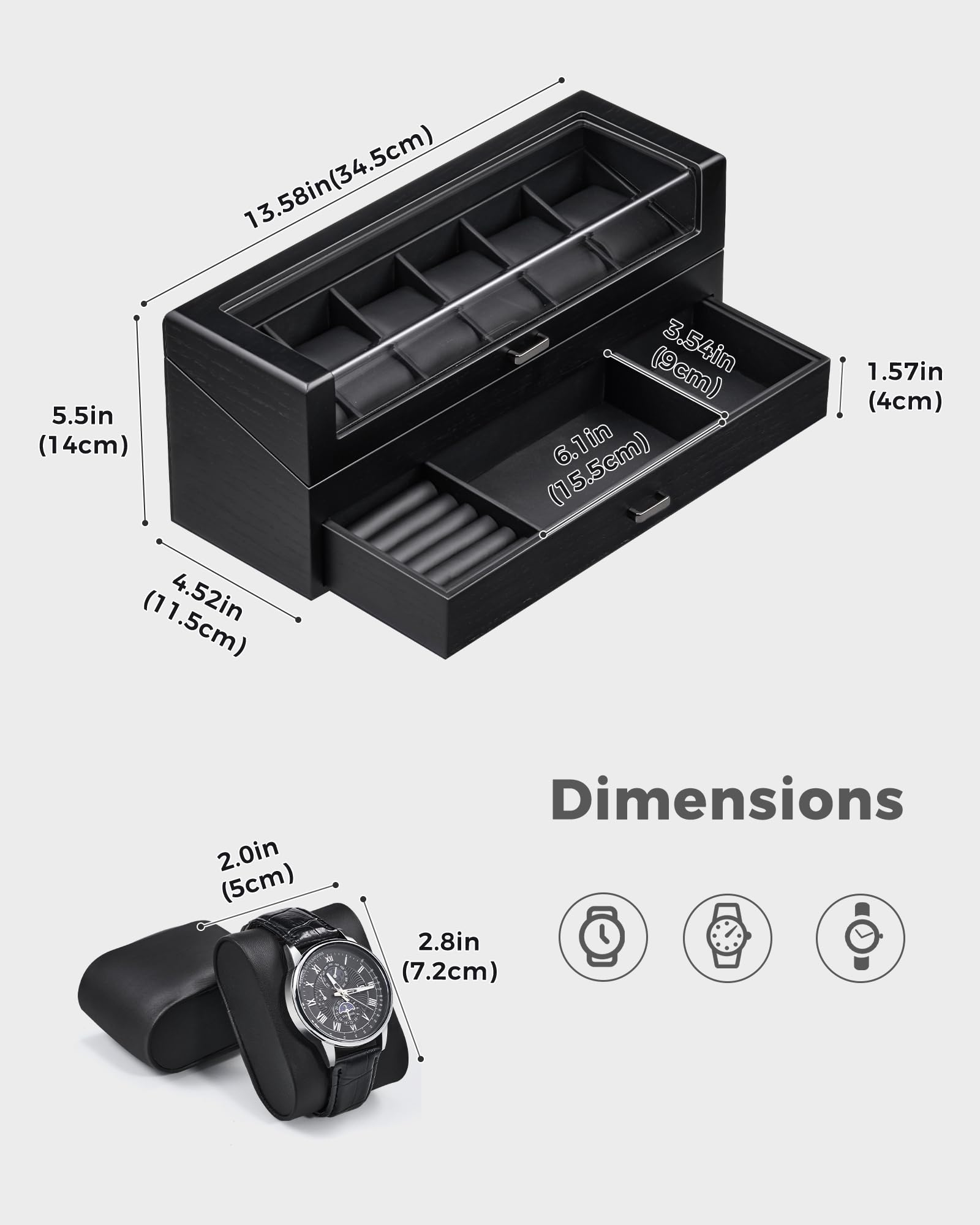 Lolalet Watch Box Uhrenbox Holz schwarz 6 Fächer mit Glas