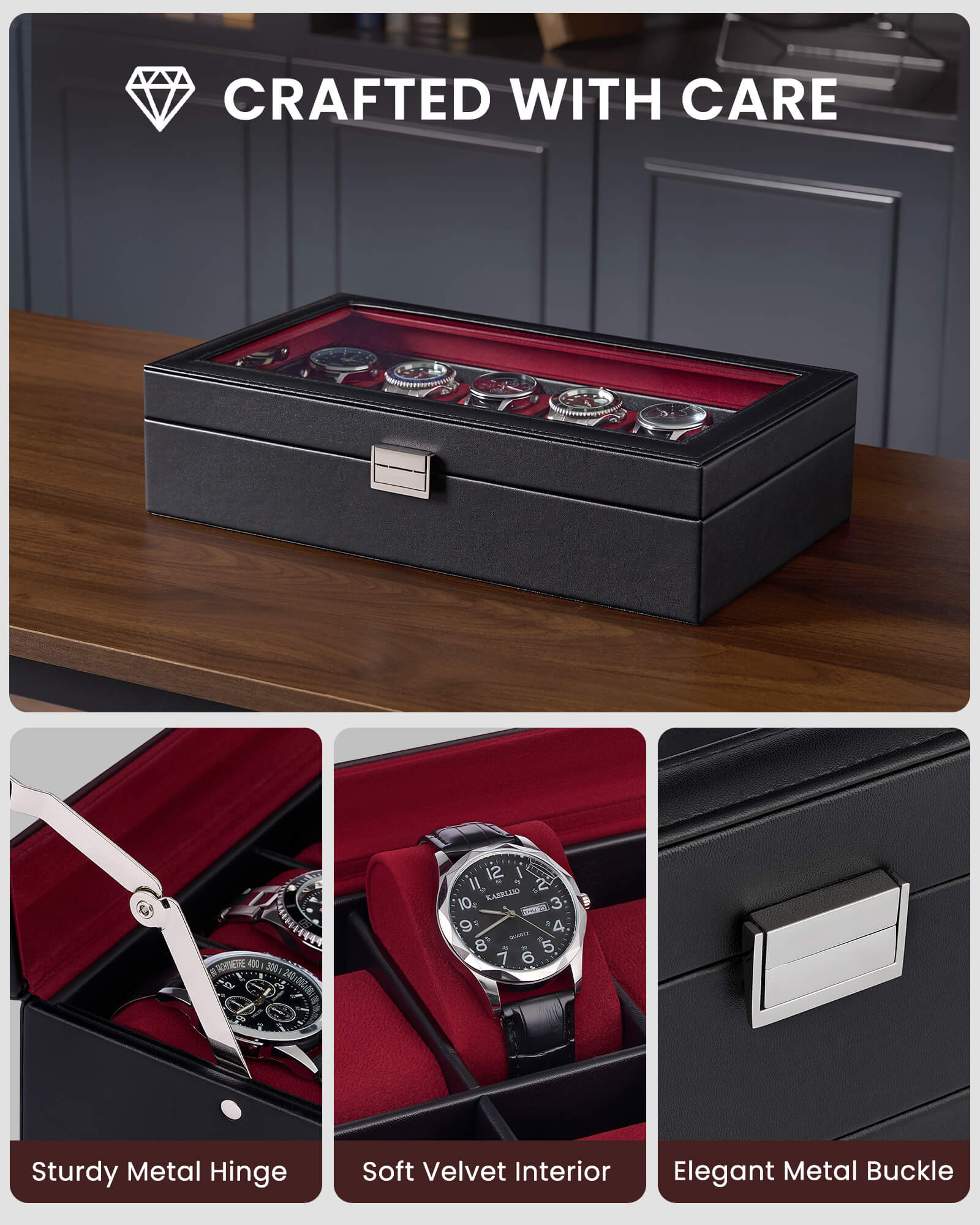 Lolalet Watch Box Uhrenbox 12 Fächer Schwarz 1-lagig Glas