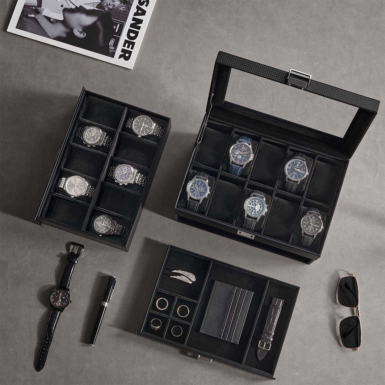 Lolalet Watch Box 3-Layer 20 Slots Uhrenbox Schwarz Glasdeckel