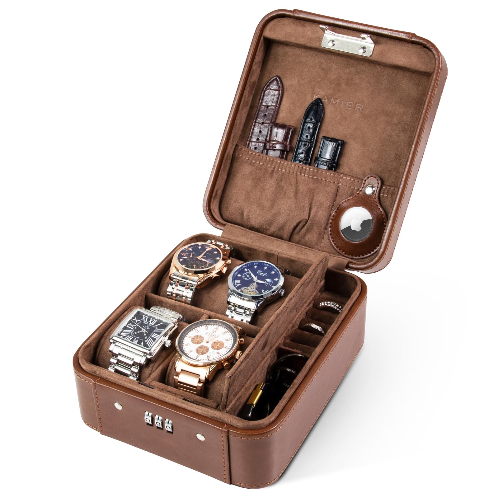 KAMIER Watch Boxes Uhrenbox 4 Uhren Zahlenschloss Leder