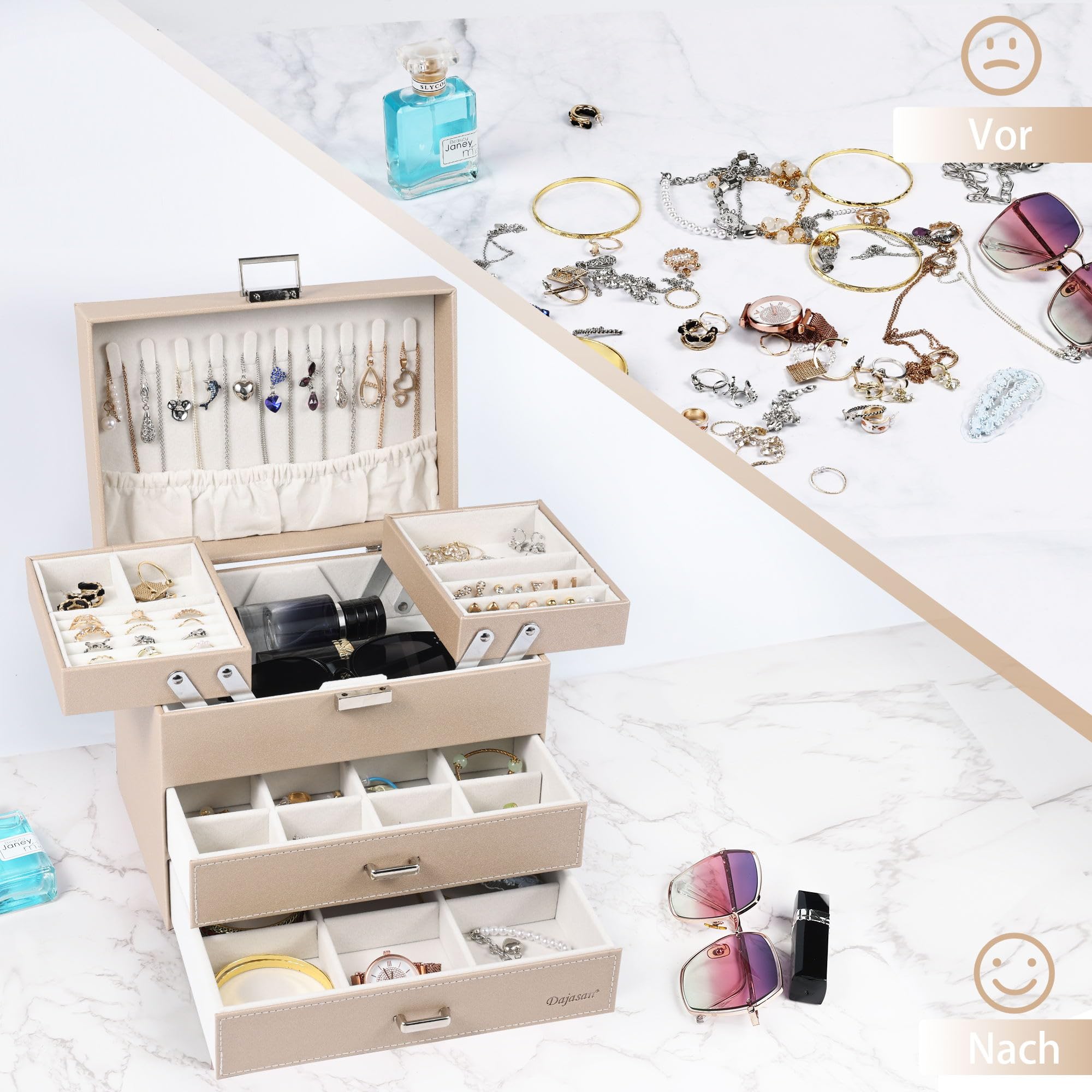Dajasan Large Jewelry Box Schmuckkästchen Champagner 4 Ebenen