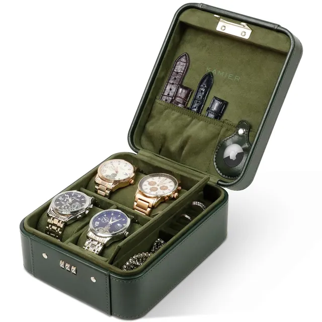 KAMIER Watch Boxes Uhrenbox 4 Uhren Grün Zahlenschloss