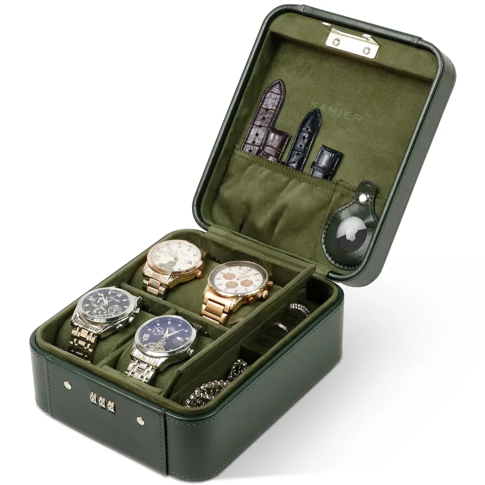 KAMIER Watch Boxes Uhrenbox 4 Uhren Grün Zahlenschloss