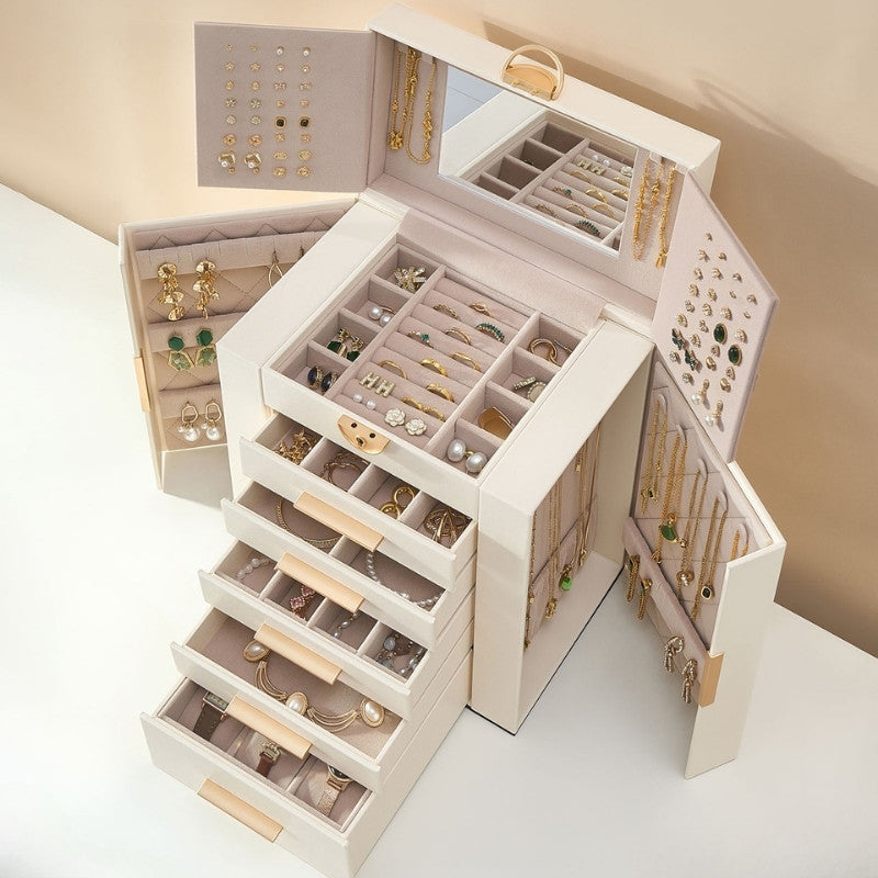 Lolalet Jewelry Box Schmuckkasten beige 6 Lagen mit Spiegel