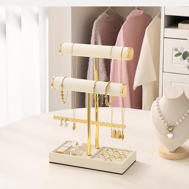 Lolalet Jewelry Stand Schmuckständer Beige 3 Ebenen Leder