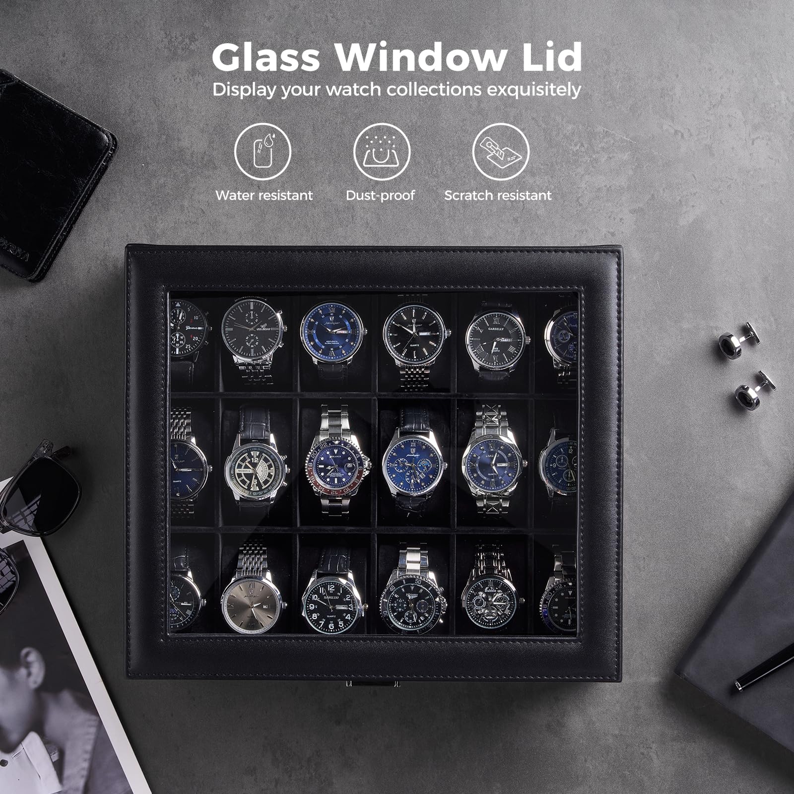 Lolalet Watch Box Uhrenbox Schwarz 6 Fächer Glasdeckel