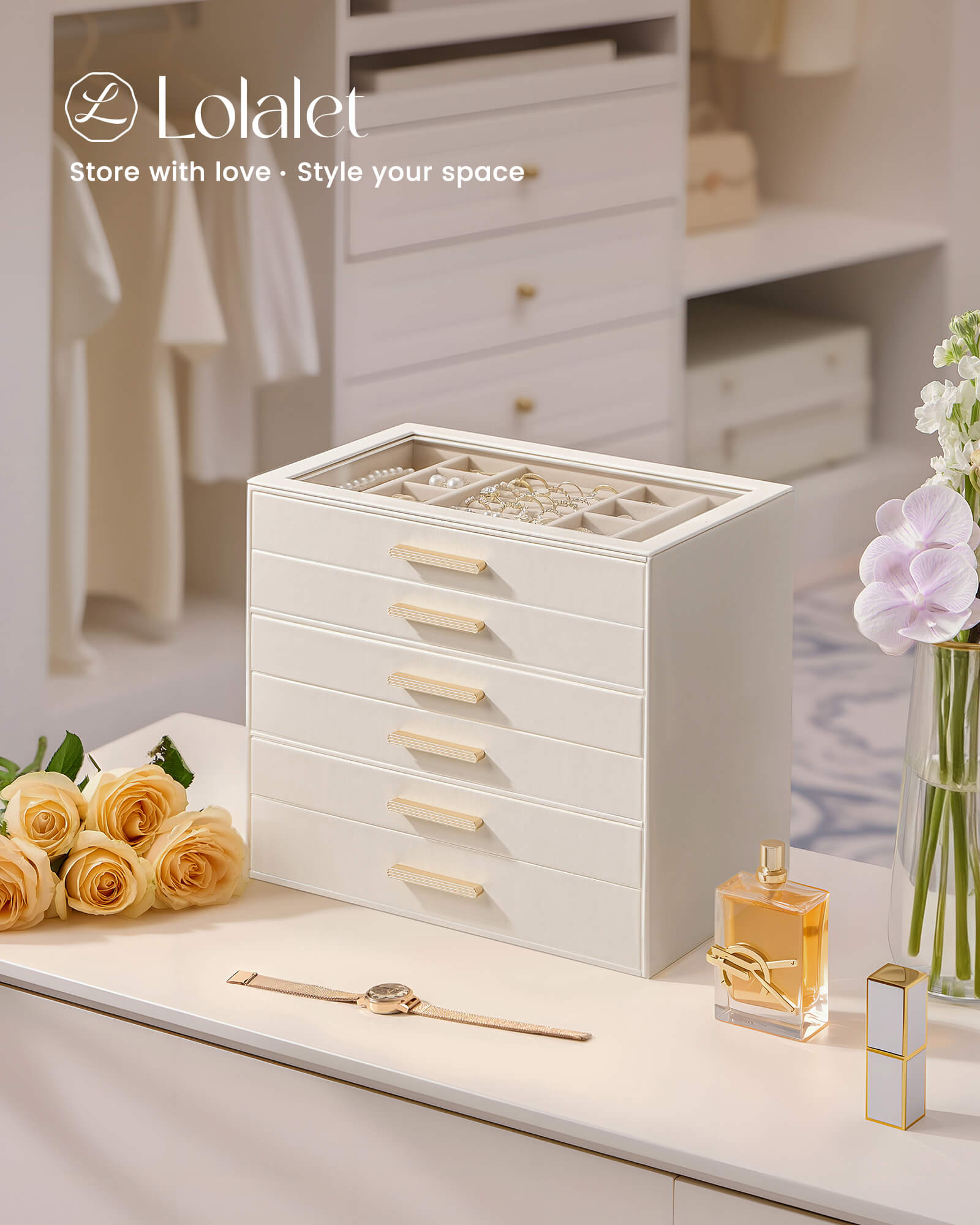 Lolalet Jewelry Box Schmuckkästchen Beige 6 Lagen Glasdeckel