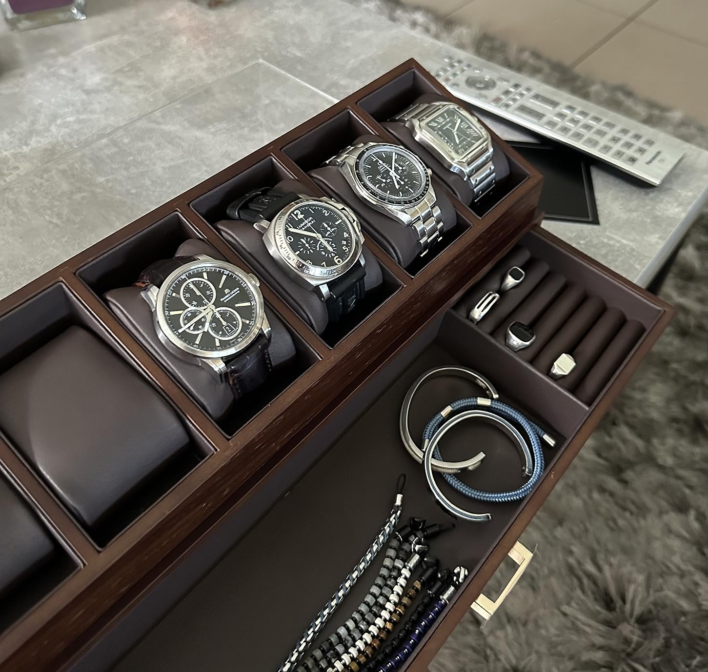 KAMIER Watch Boxes Uhrenbox Holz 6 Uhren mit Schublade Walnuss