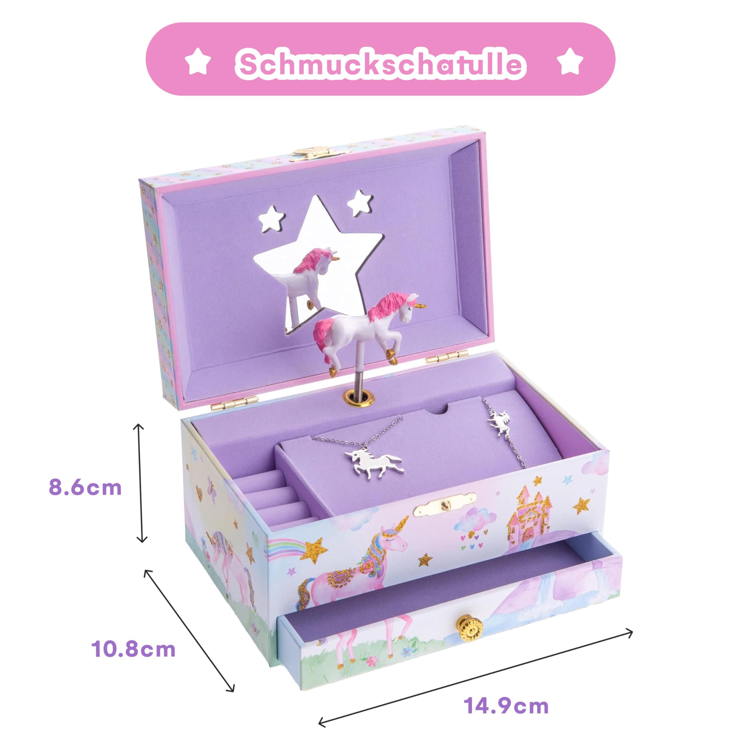 Jewelkeeper Einhorn Schmuckkästchen Rosa Spieluhr Holz