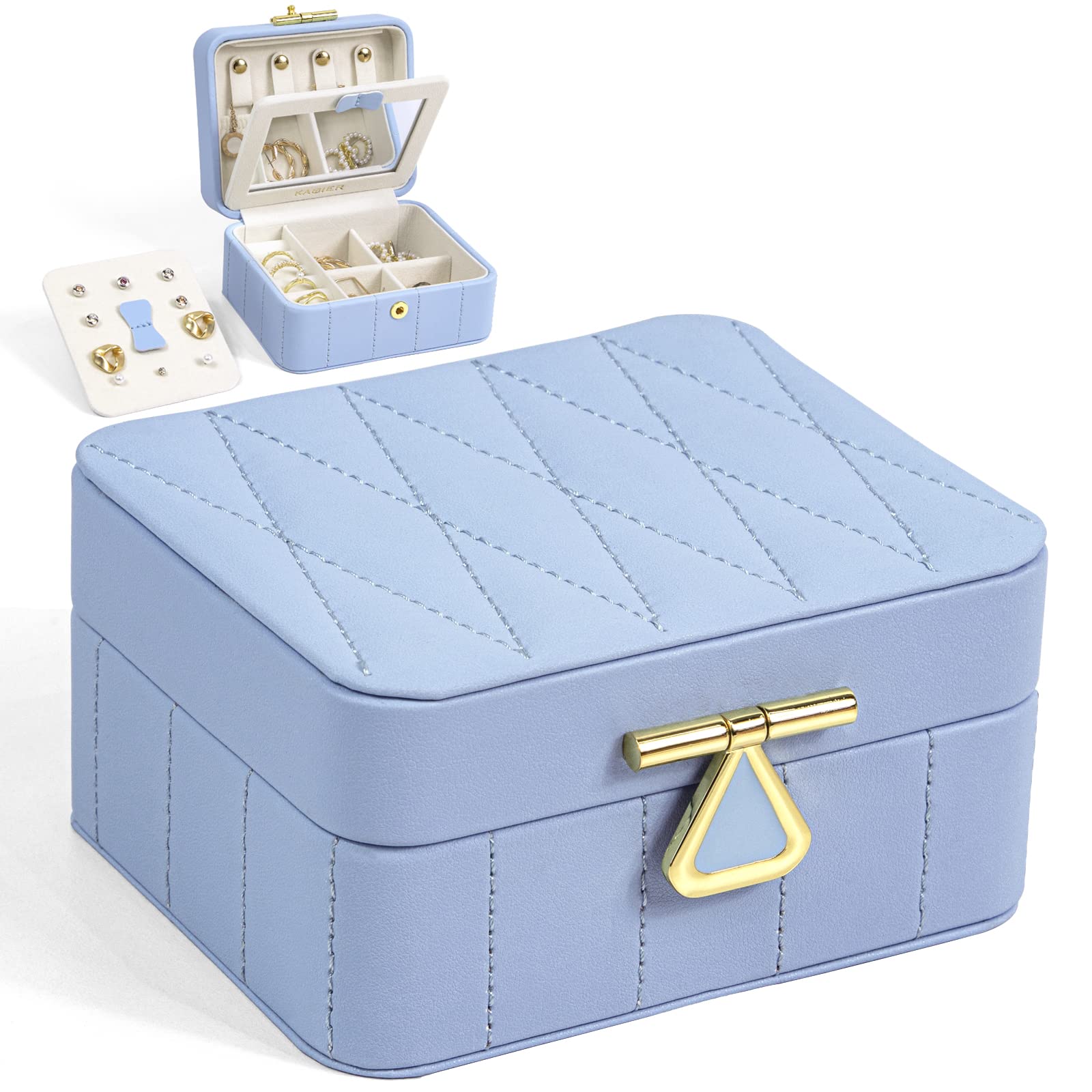 KAMIER Mini Schmuckkästchen Reise Schmuckbox Blau mit Spiegel