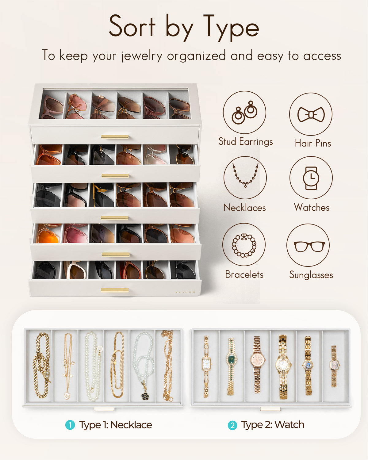 VLANDO Everyday Keepsake Brillenbox 5-stöckig 30 Fächer Cremeweiß