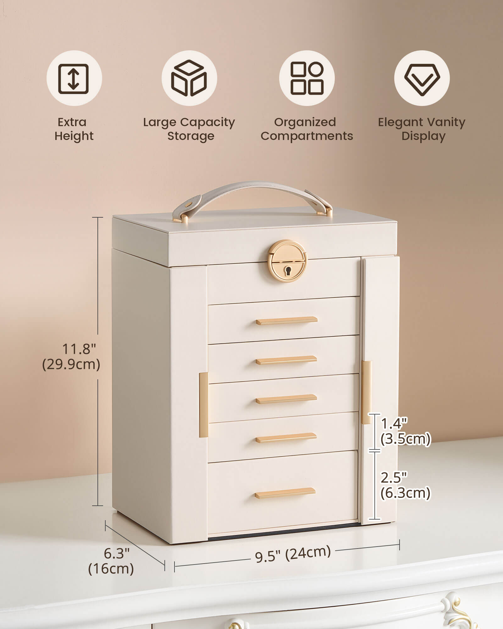 Lolalet Jewelry Box Schmuckkasten beige 6 Lagen mit Spiegel