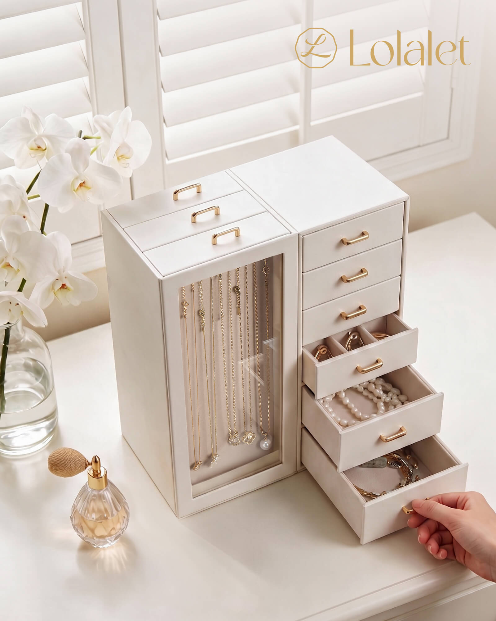 Lolalet Jewelry Box Schmuckkasten Large Beige Kettenhalter Samt