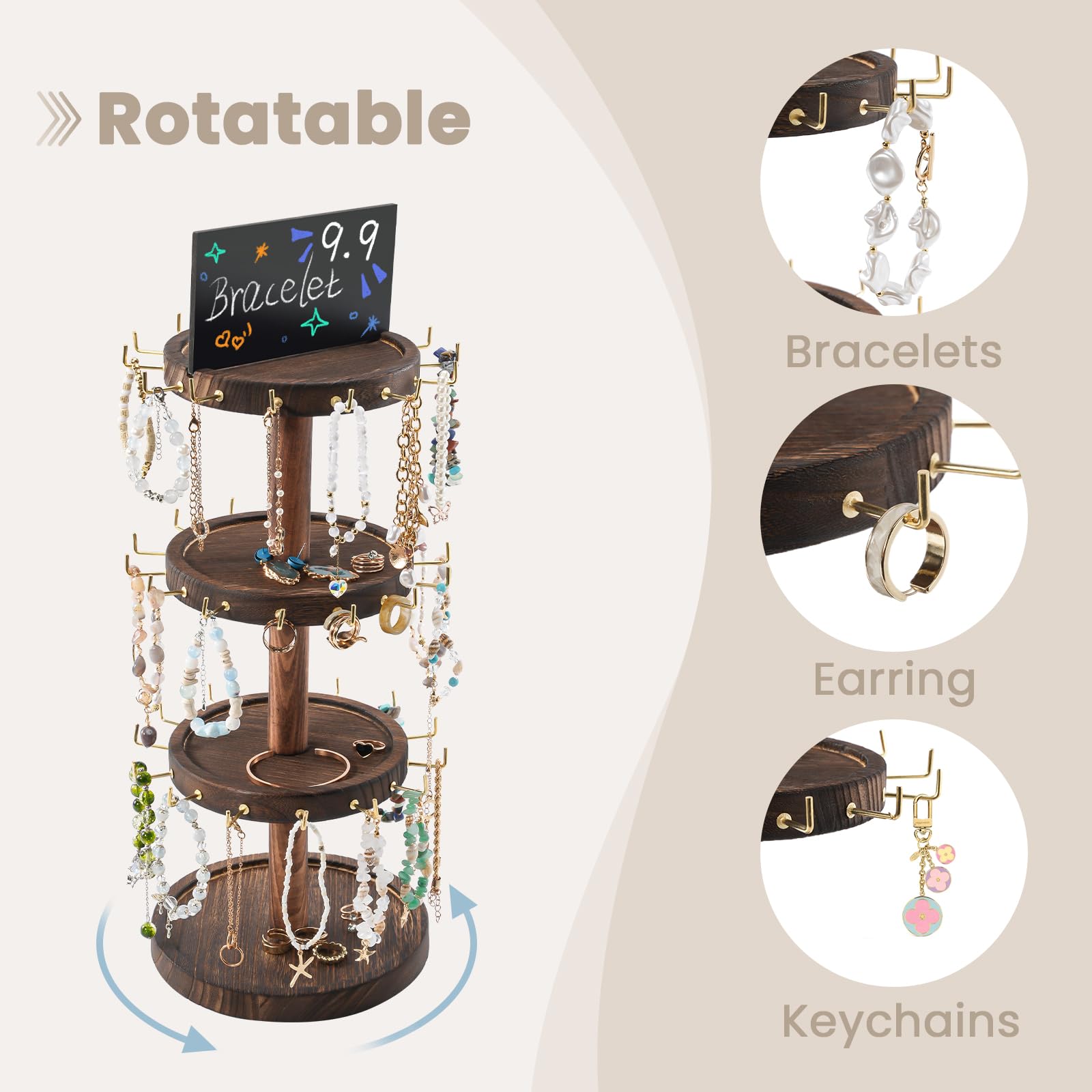 Lolalet Jewelry Stand 4 Tier Schmuckständer Dunkelbraun drehbar