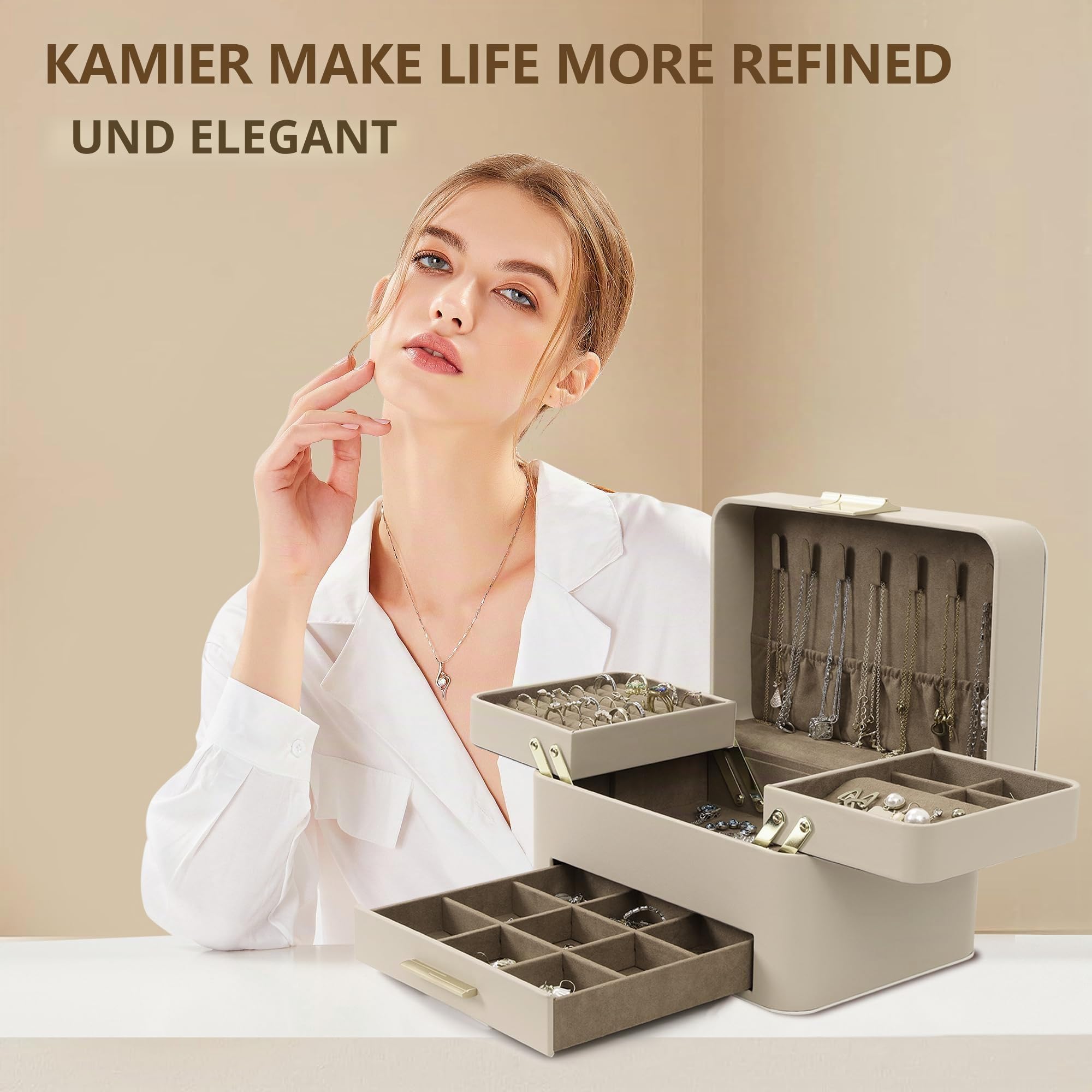 KAMIER Large Jewelry Boxes Schmuckkästchen 3 Ebenen PU-Leder