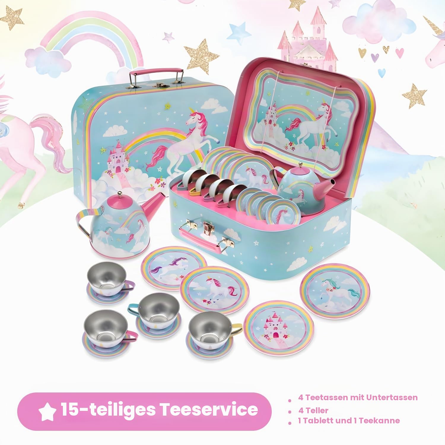 Jewelkeeper Tea Sets Teeservice Zinn 15-teilig Regenbogen Einhorn