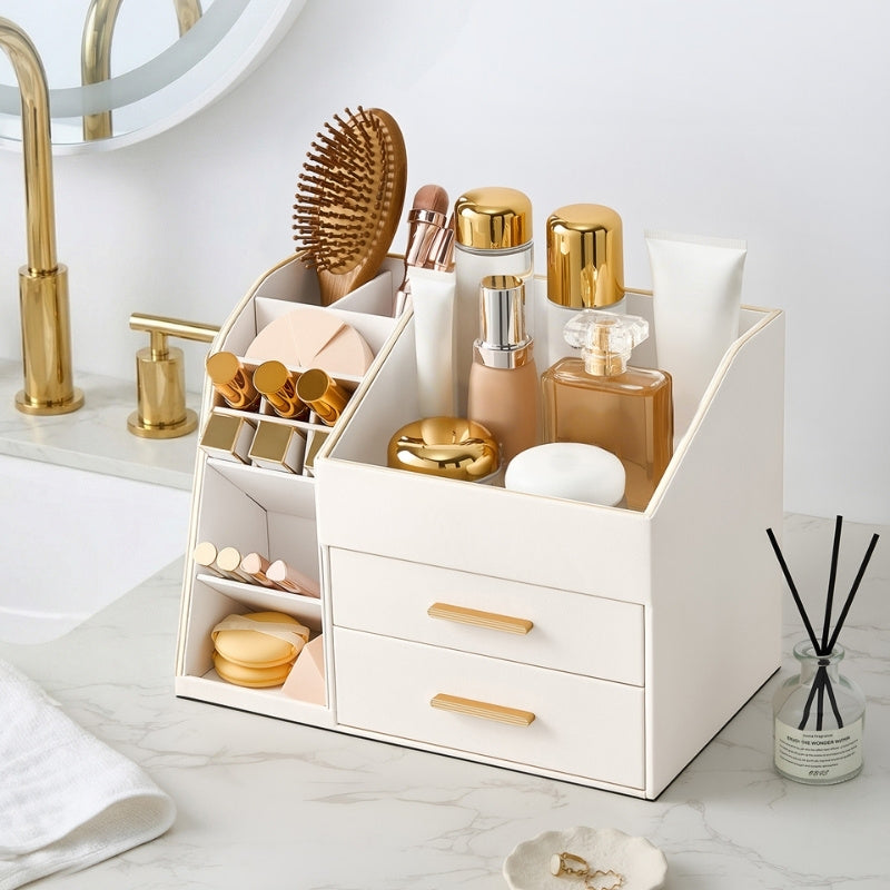 Lolalet Makeup Organizer Schminktisch Weiß mit Schublade Leder
