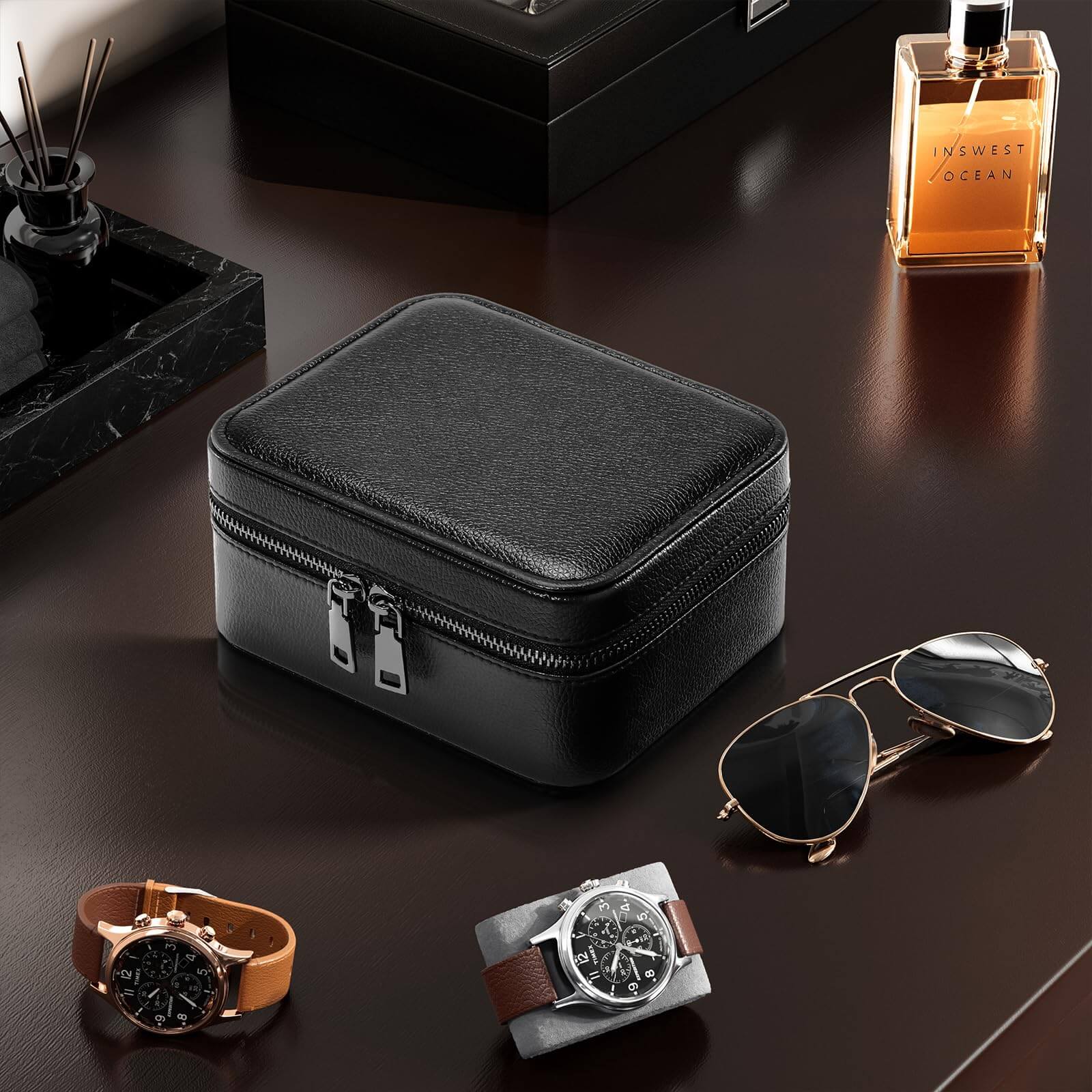 Lolalet Watch Box Reise Uhrenetui Schwarz 2 Fächer Leder