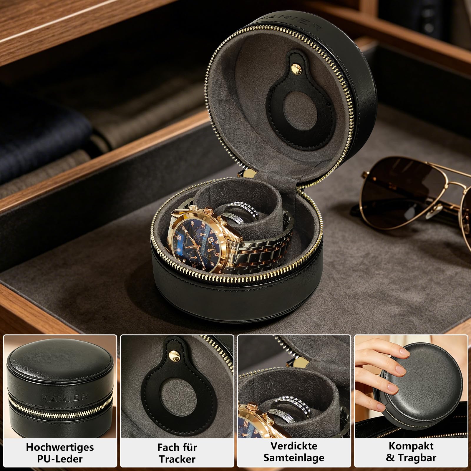 KAMIER Watch Boxes Reise Uhrenbox Schwarz 1 Uhr Ringfach