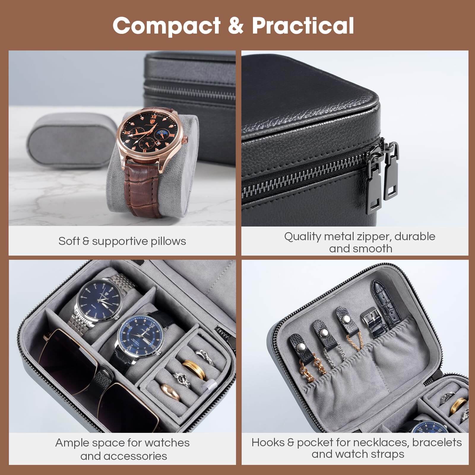 Lolalet Watch Box Reise Uhrenetui Schwarz 2 Fächer Leder