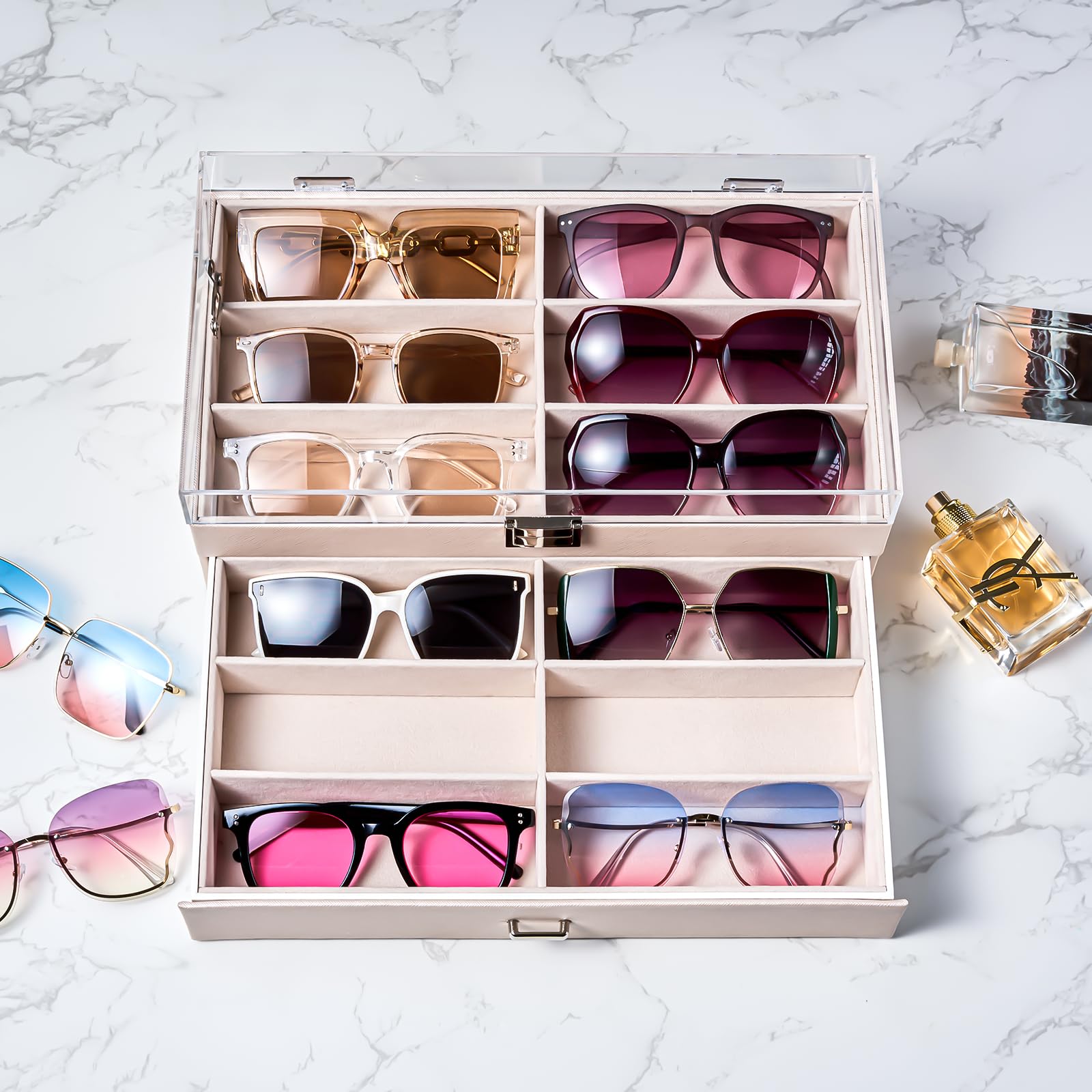 Lolalet Sunglass Box Brillenbox Schwarz 12 Fächer Acryldeckel