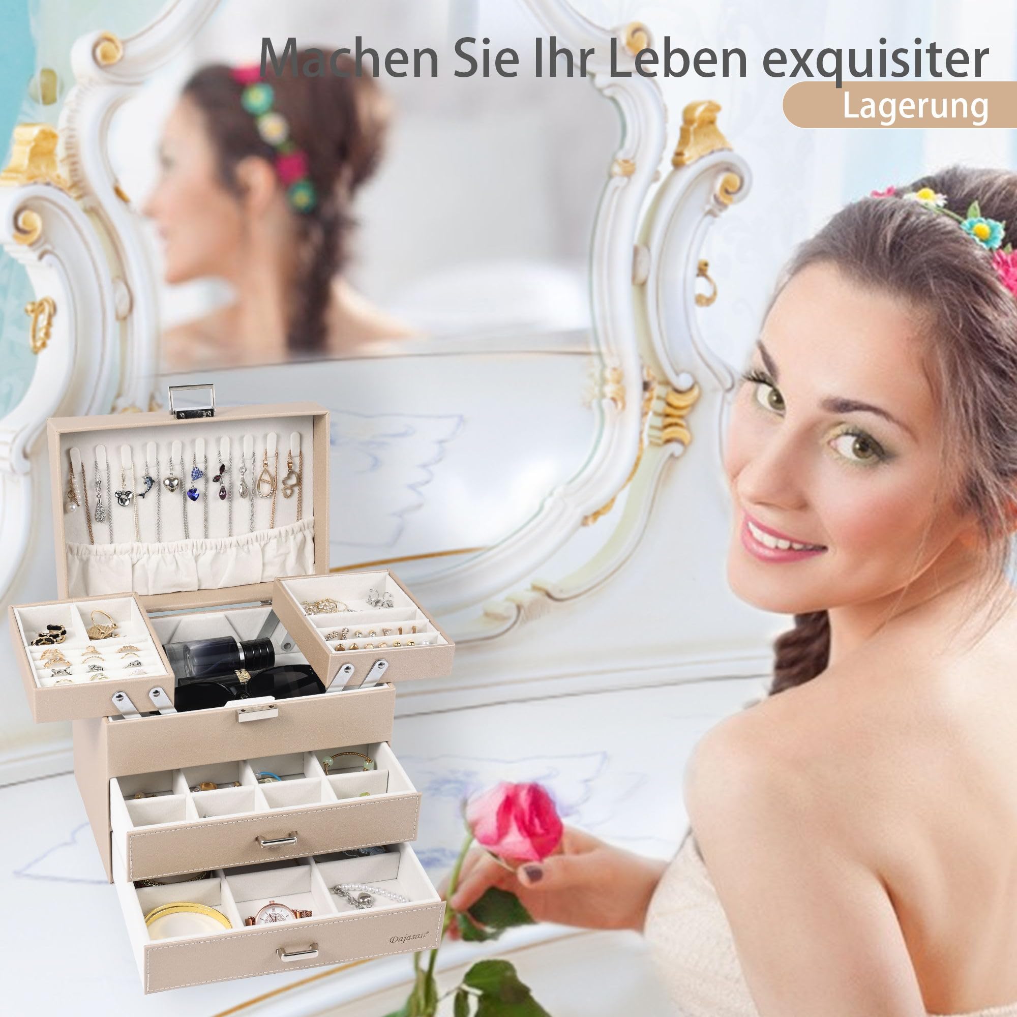 Dajasan Large Jewelry Box Schmuckkästchen Champagner 4 Ebenen