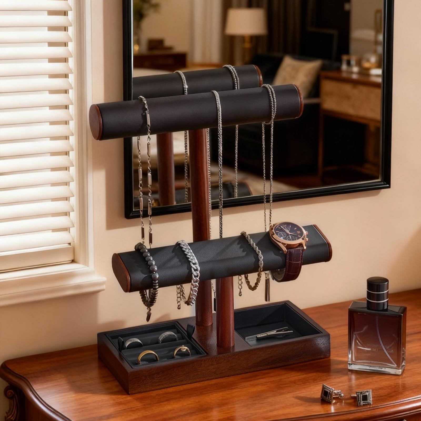 Lolalet Jewelry Stand Uhrenständer Holz Braun T-Bar Leder