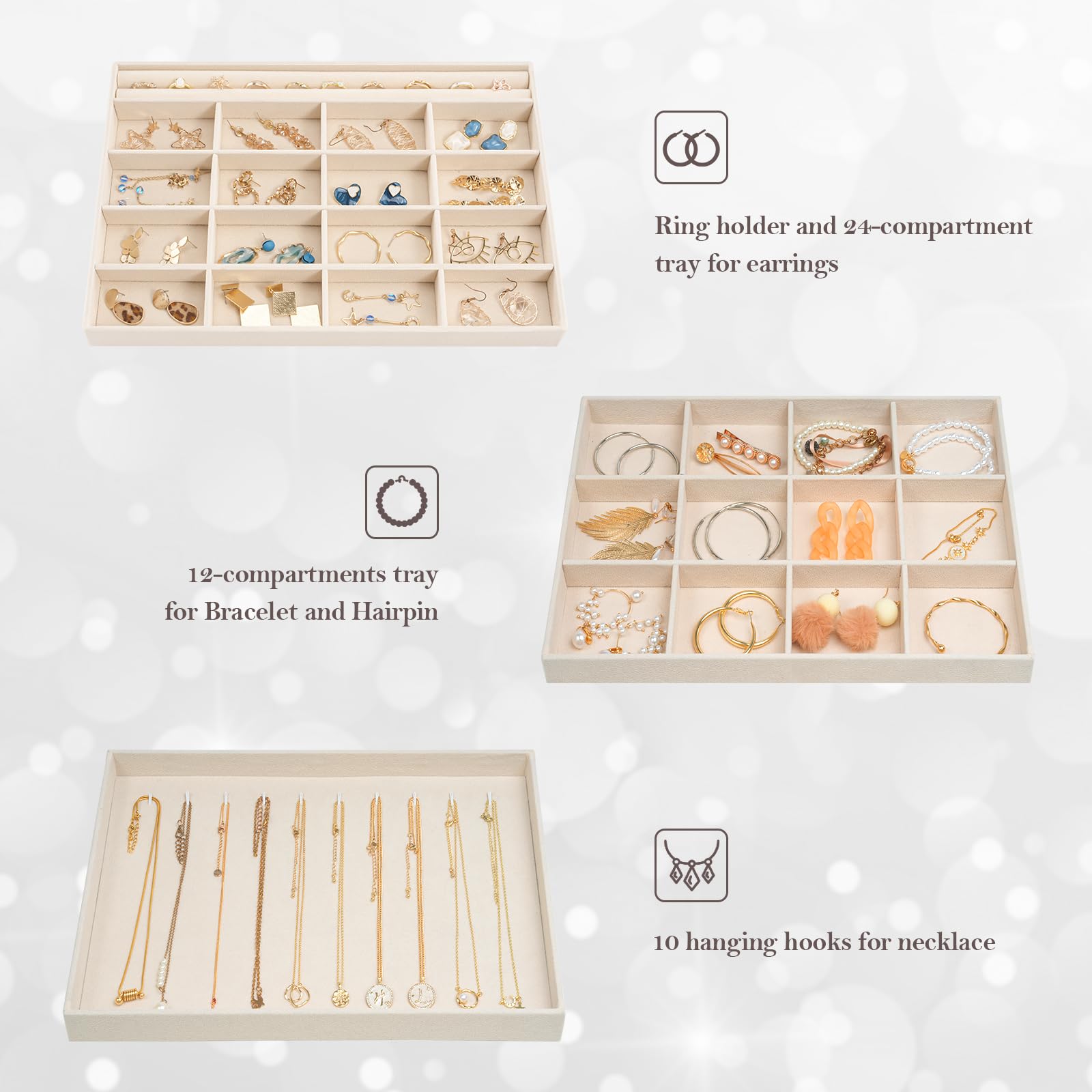 Lolalet Jewelry Tray Schmucktablett 3er-Set beige Samt