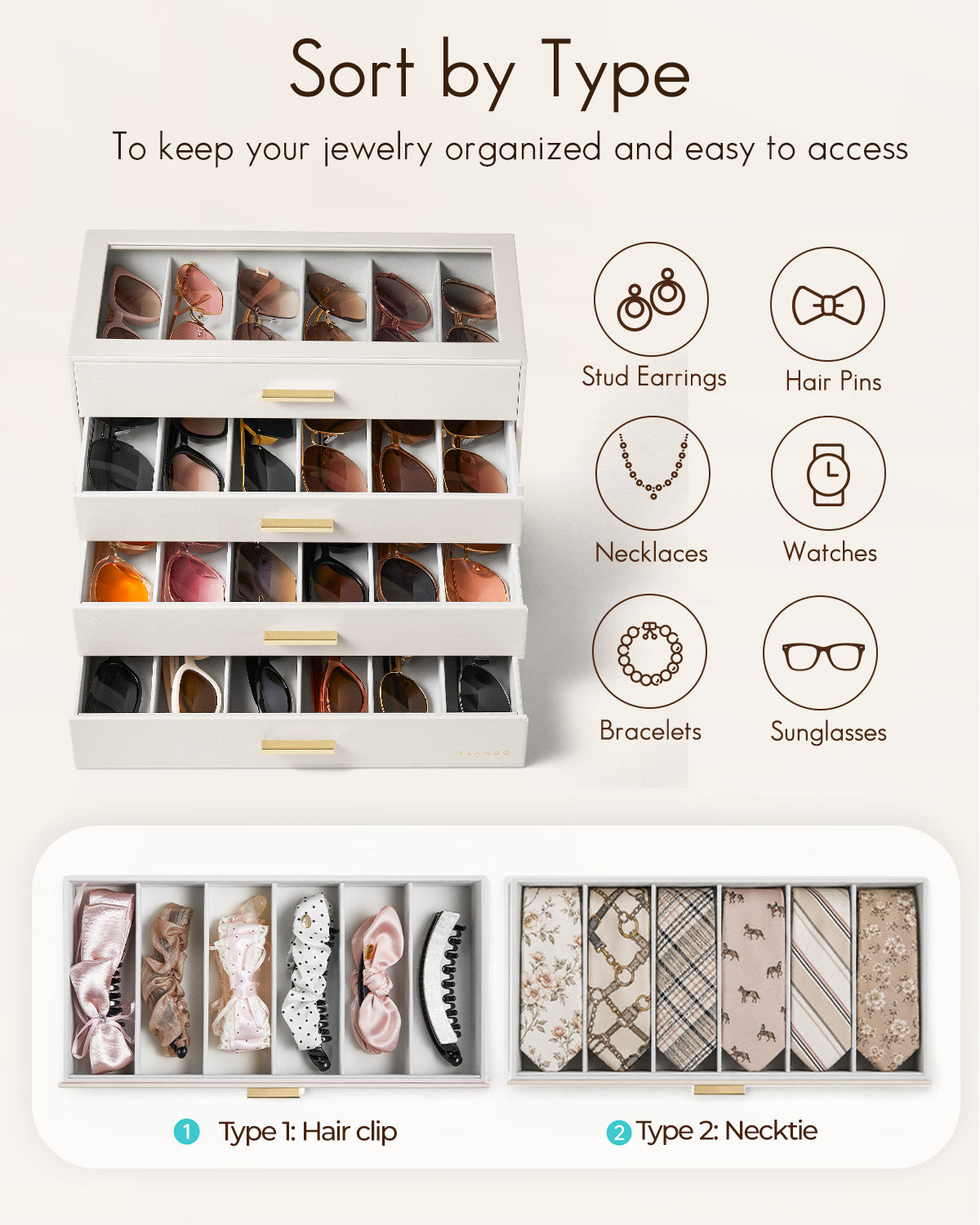 VLANDO Everyday Keepsake Brillenbox 4-stöckig 24 Fächer Cremeweiß