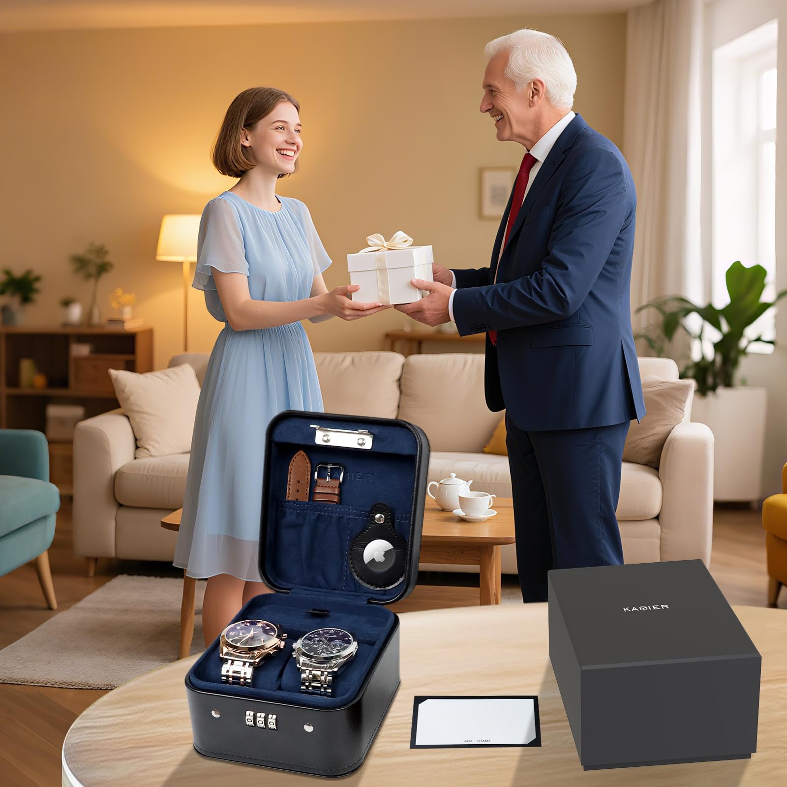 KAMIER Watch Boxes Uhrenbox 2 Uhren Schwarz PU-Leder Schloss