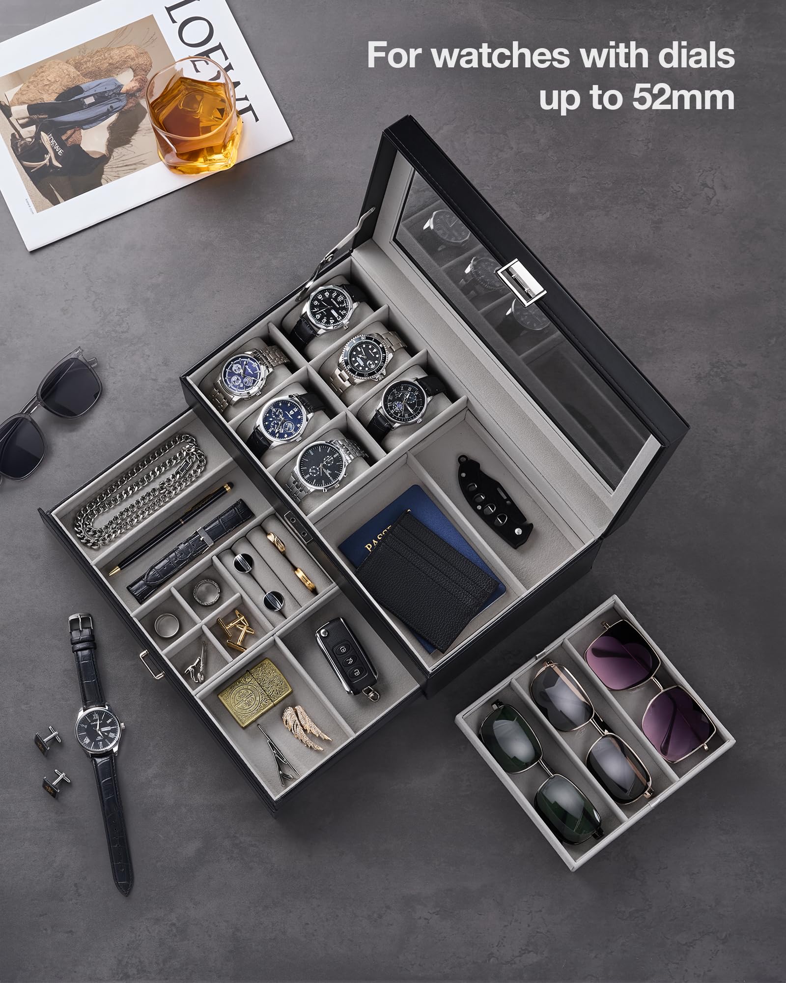 Lolalet Jewelry Box Schmuckkasten Grau 6 Uhren Glasdeckel