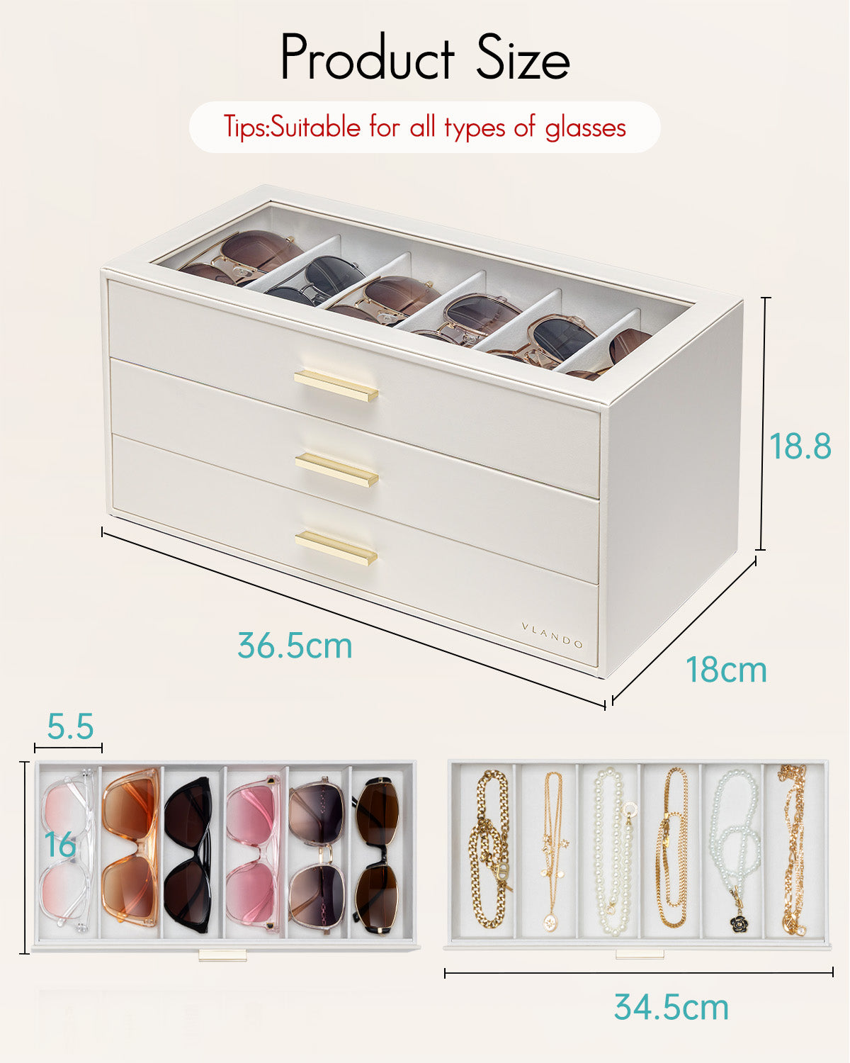 VLANDO Everyday Keepsake Brillenbox 3-stöckig 18 Fächer Cremeweiß