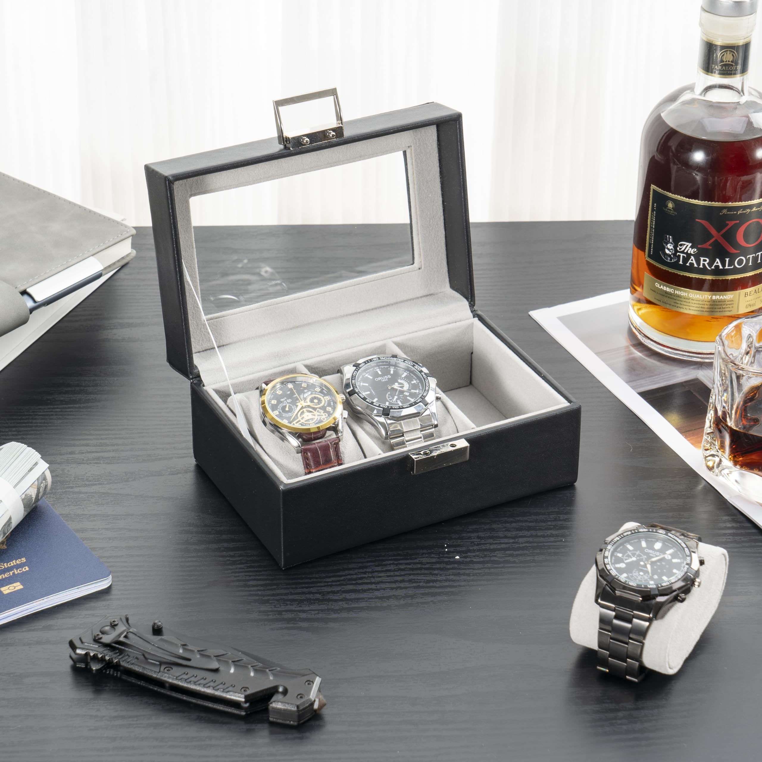 Lolalet Watch Box Uhrenbox Schwarz PU Glasdeckel Kissen