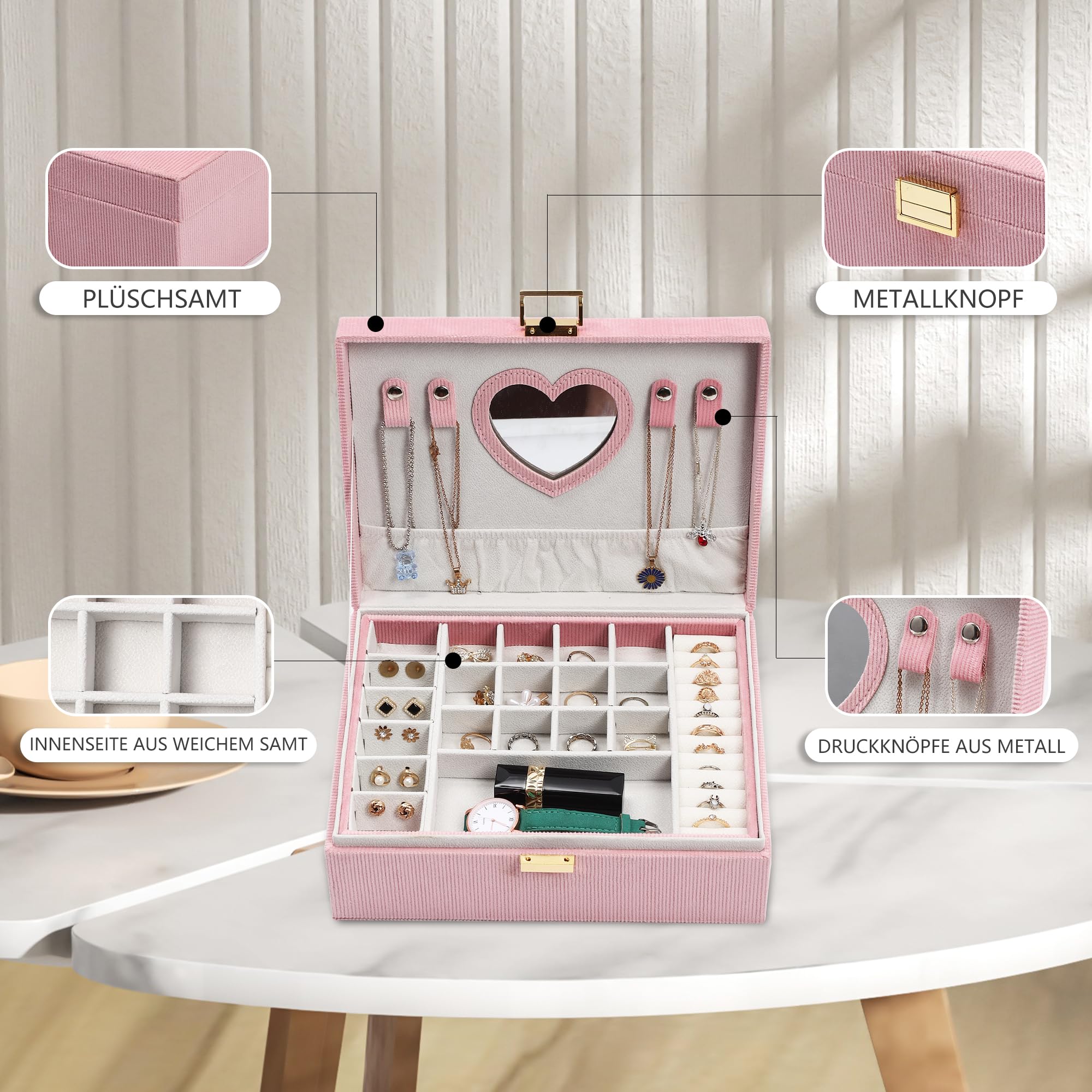 Dajasan Small Jewelry Box Schmuckkästchen Rosa 2 Etagen