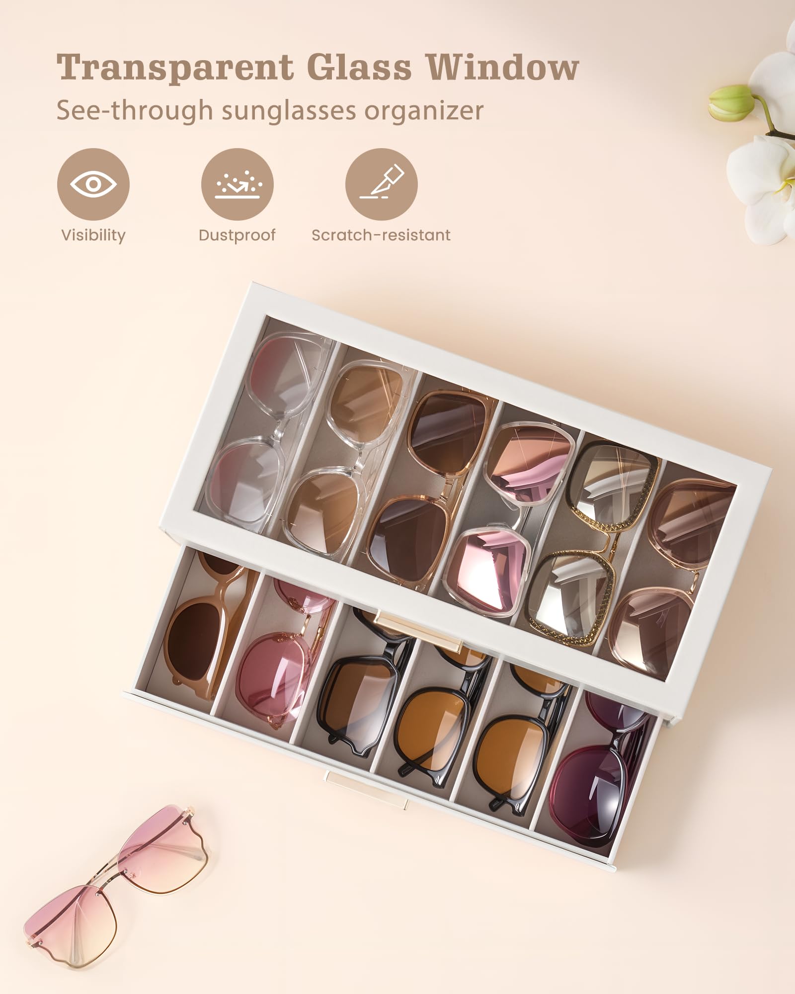 Lolalet Sunglass Box Brillenbox Beige 12 Fächer Glasdeckel