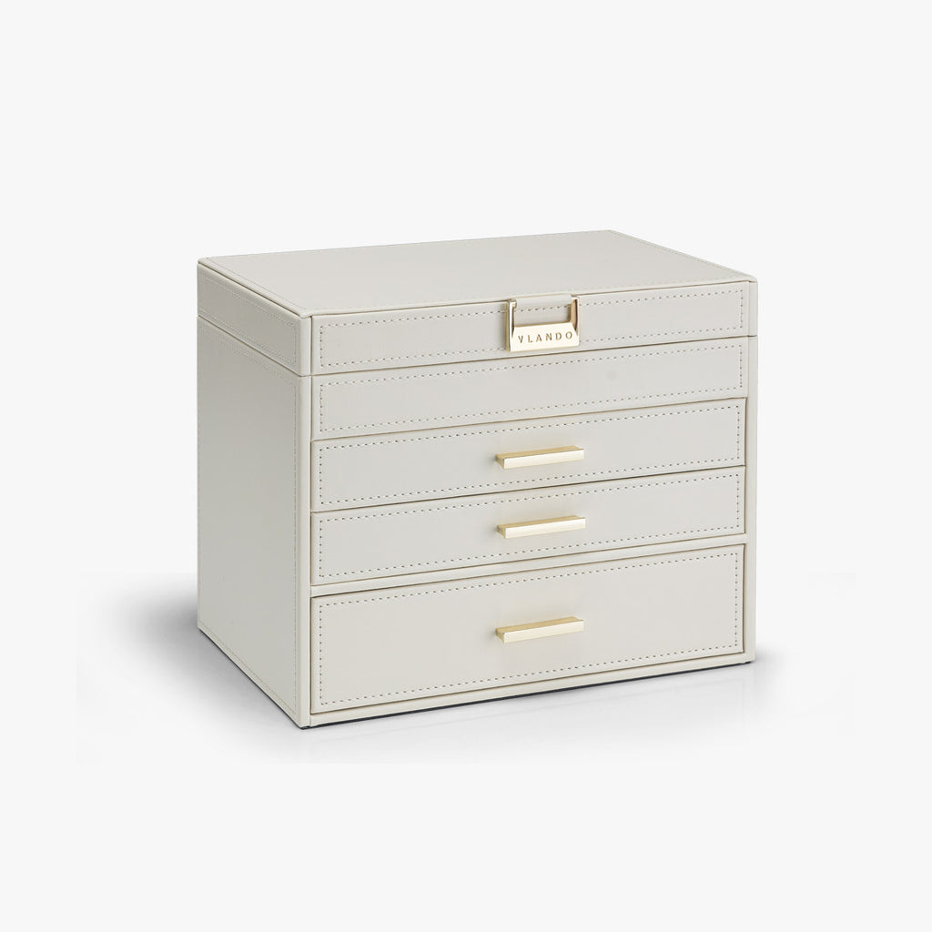 VLANDO Quiet Luxe 4-lagige Schmuckschatulle Leder Schmuckkästchen Samt