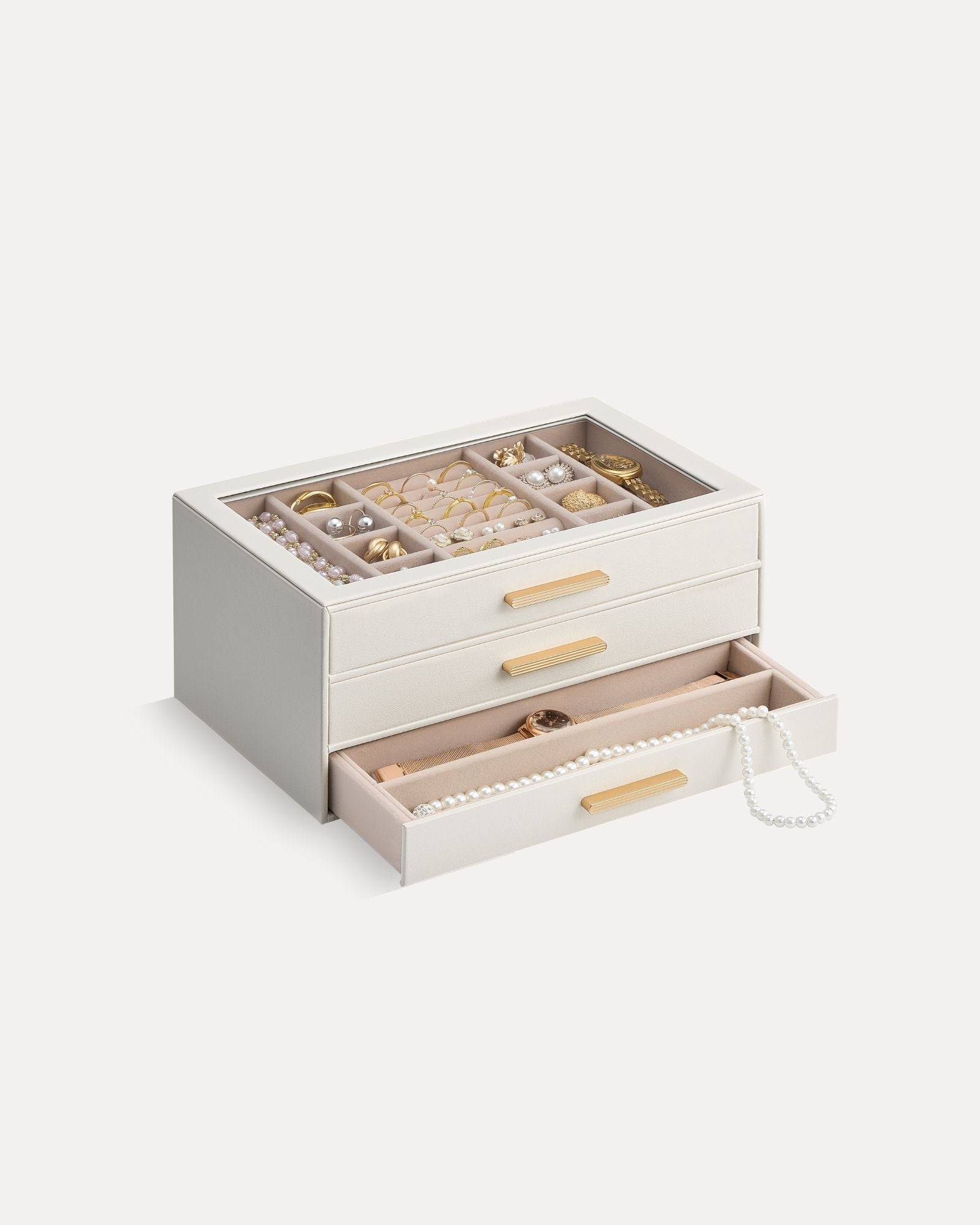 Lolalet Jewelry Box Schmuckkästchen Beige 5-lagig Glasdeckel