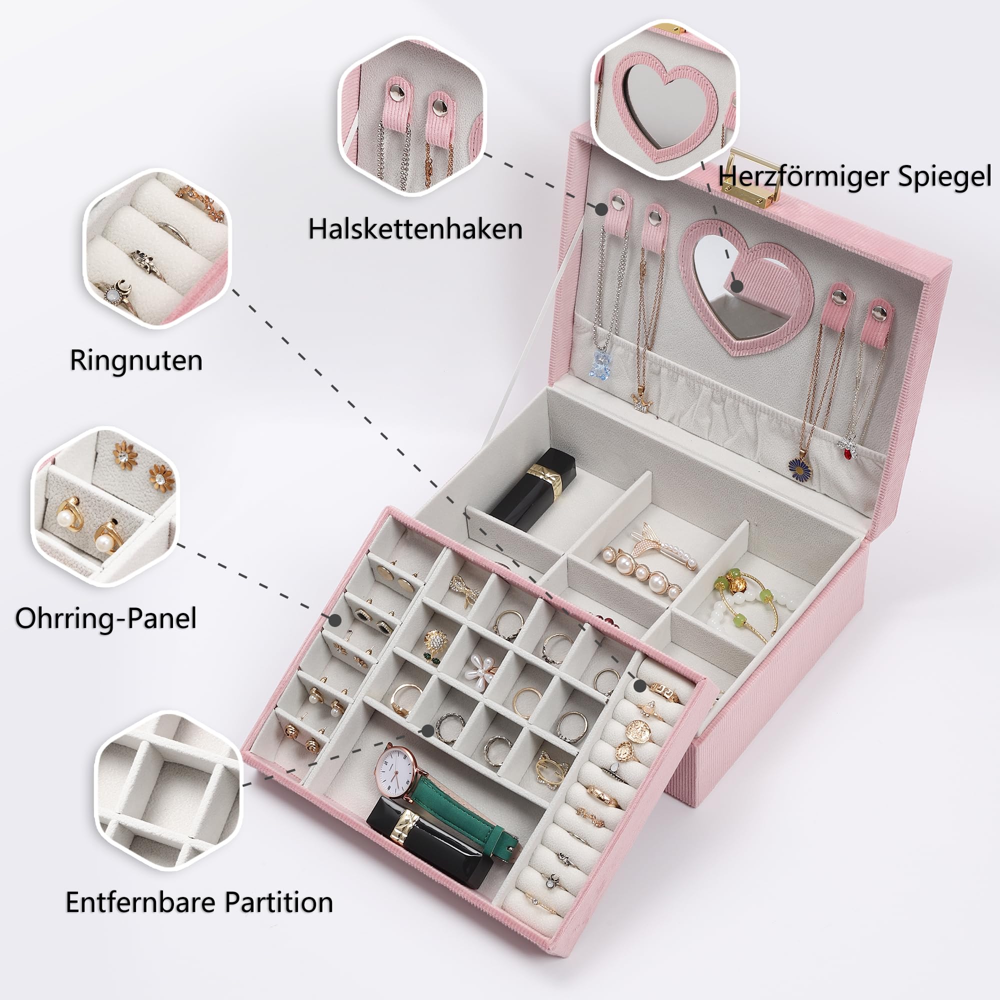 Dajasan Small Jewelry Box Schmuckkästchen Rosa 2 Etagen