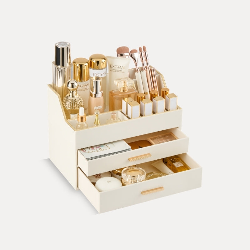 Lolalet Makeup Organizer Schminktisch 2 Schubladen Leder Gold