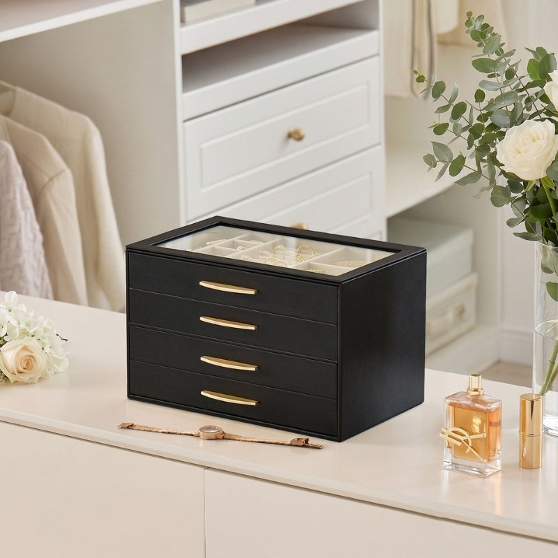 Lolalet Jewelry Box Schmuckkasten 4-lagig Schwarz Glasdeckel