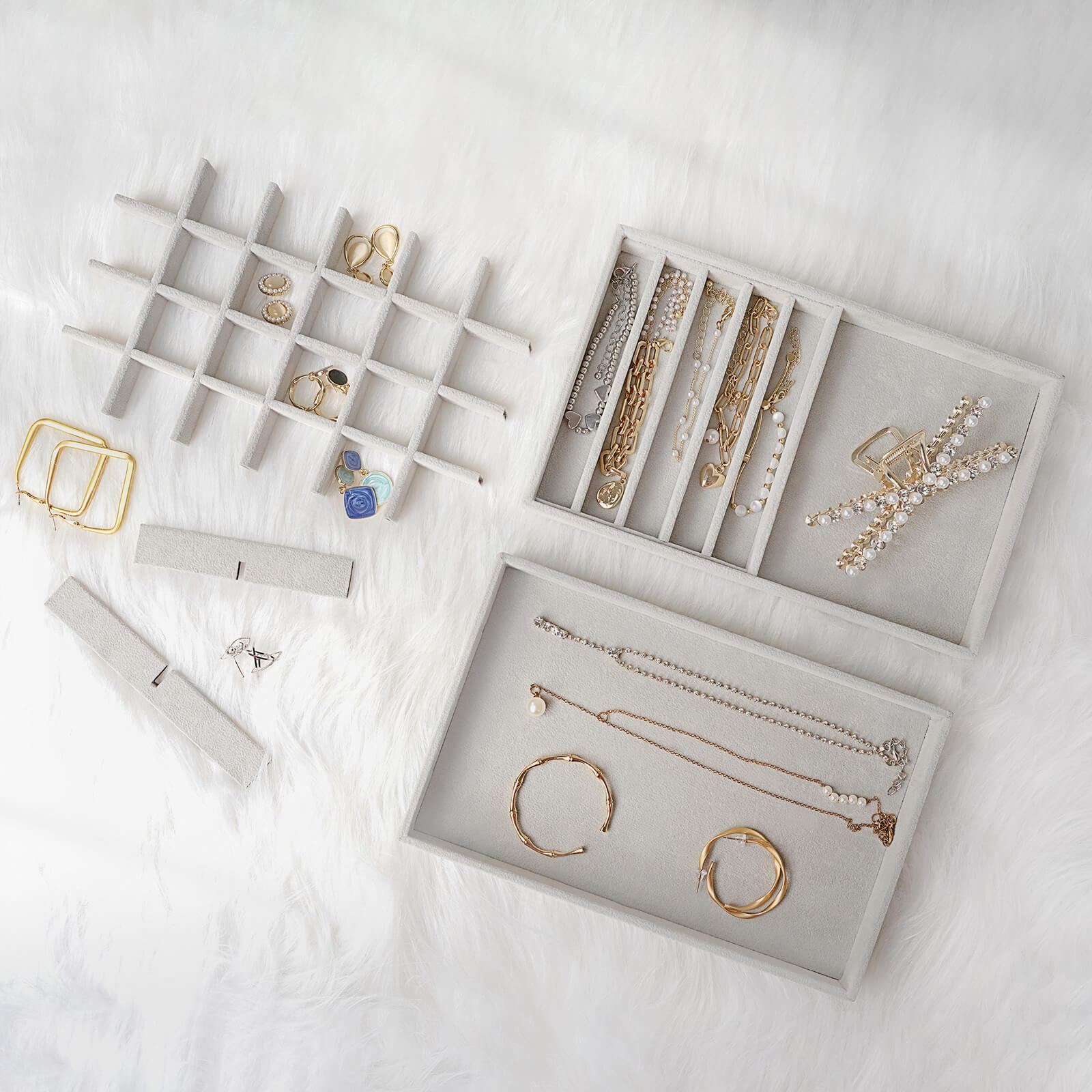 Lolalet Jewelry Tray Schmucktablett Grau 4er-Set stapelbar Samt