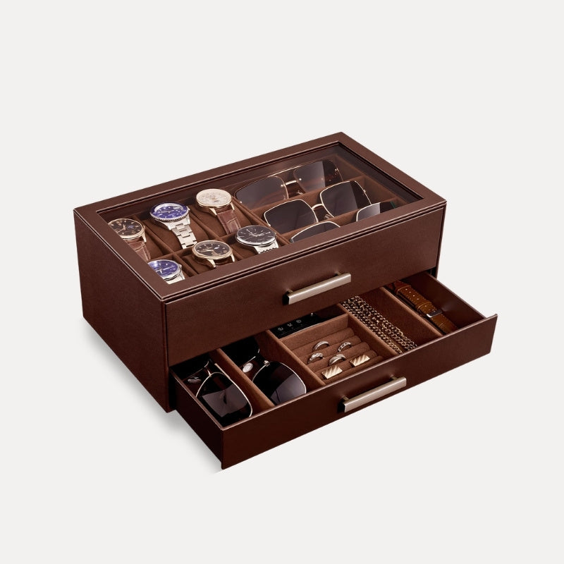 Lolalet Watch Box Uhrenbox Braun 2-stufig Glasdeckel 6 Uhren